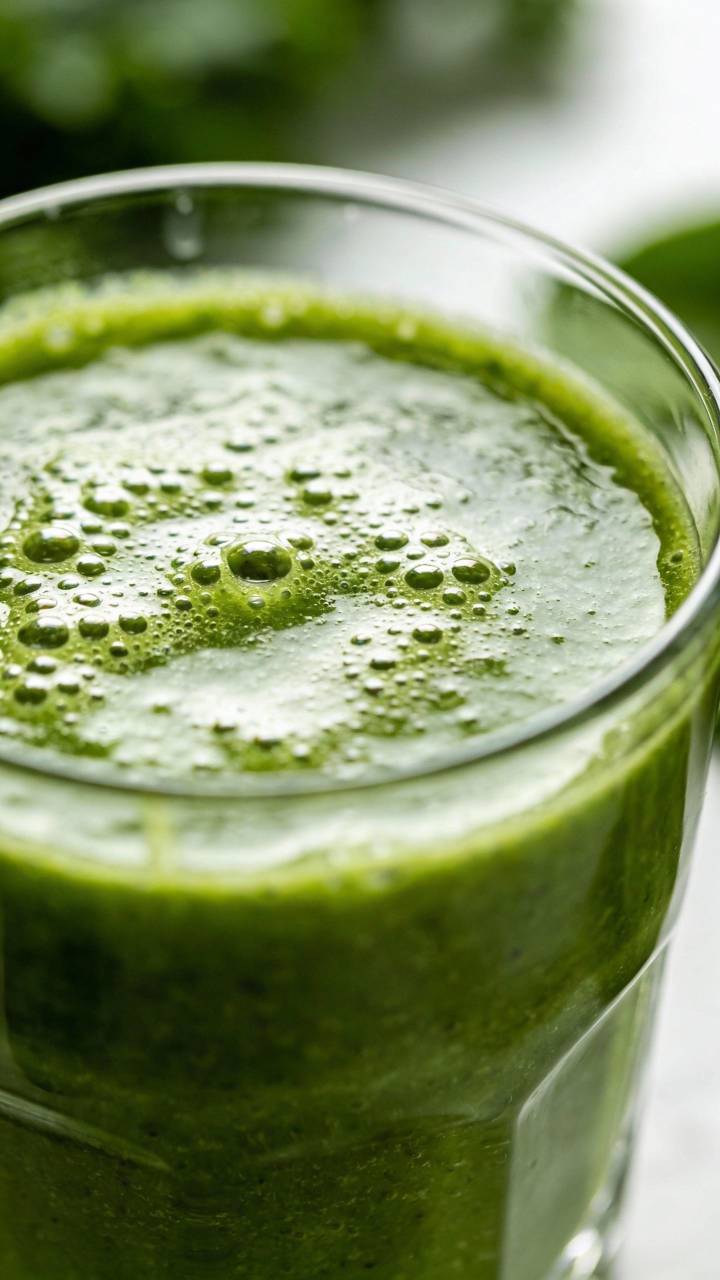 closeup of Green Goddess detox smoothie in clear glass
