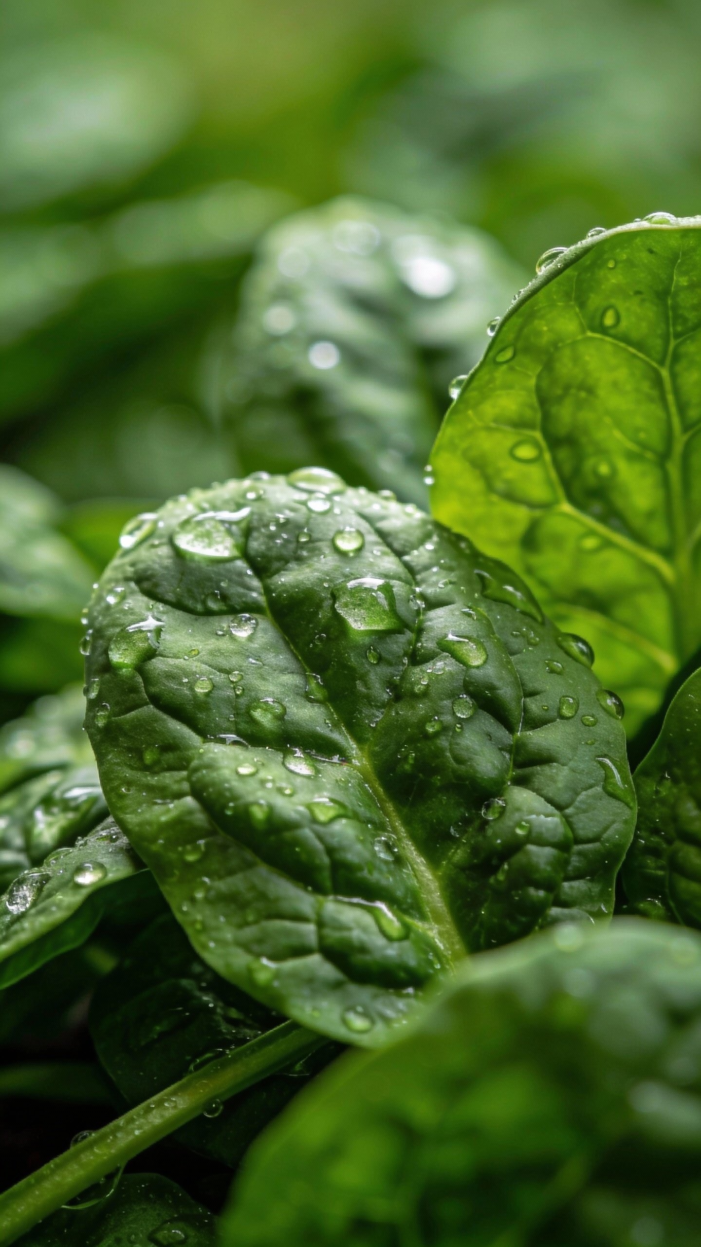 spinach leaves with dewdrops, macro shot