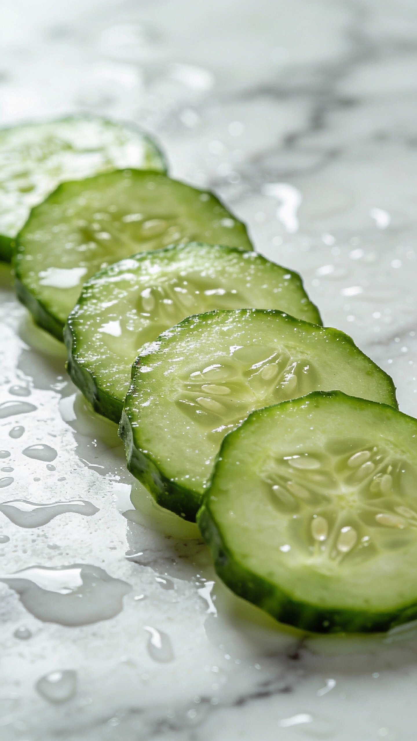 sliced cucumber rounds on wet marble, closeup