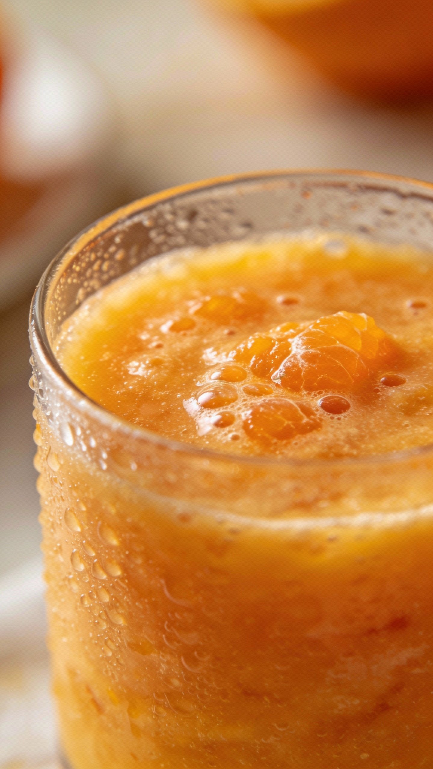 closeup of a single orange smoothie in a clear glass