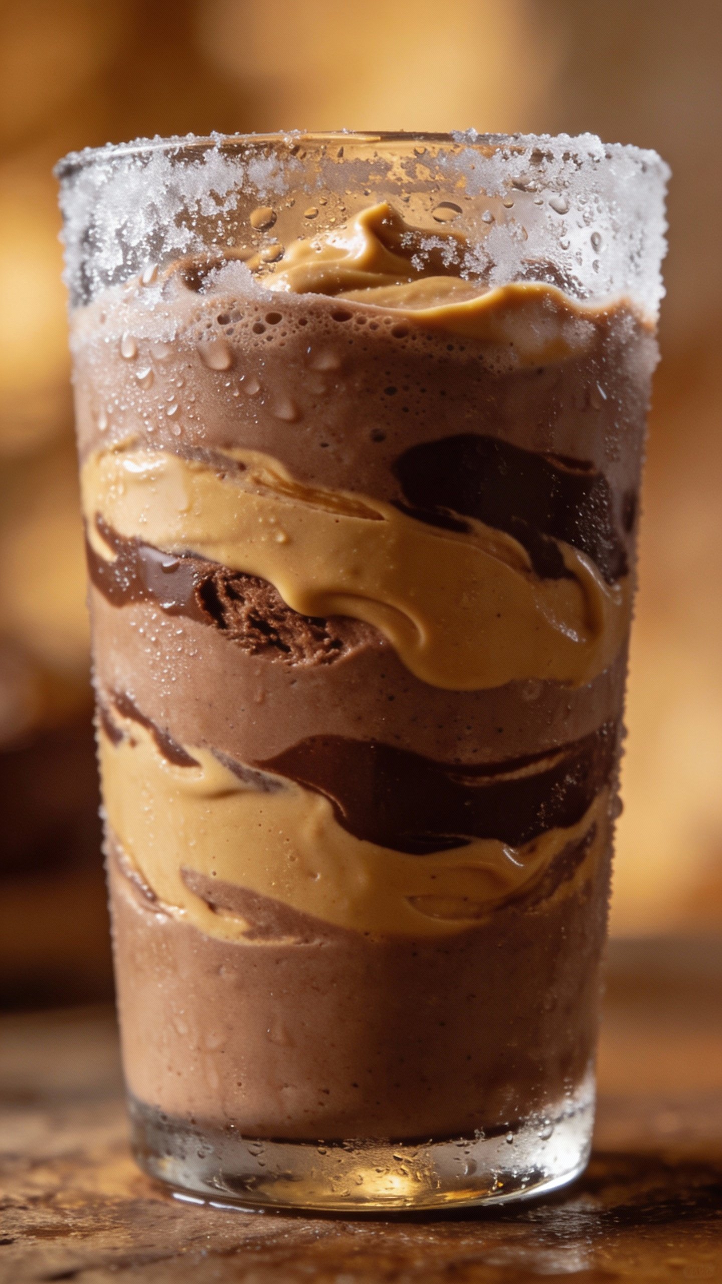 closeup tall glass chocolate peanut butter smoothie, frosty condensation
