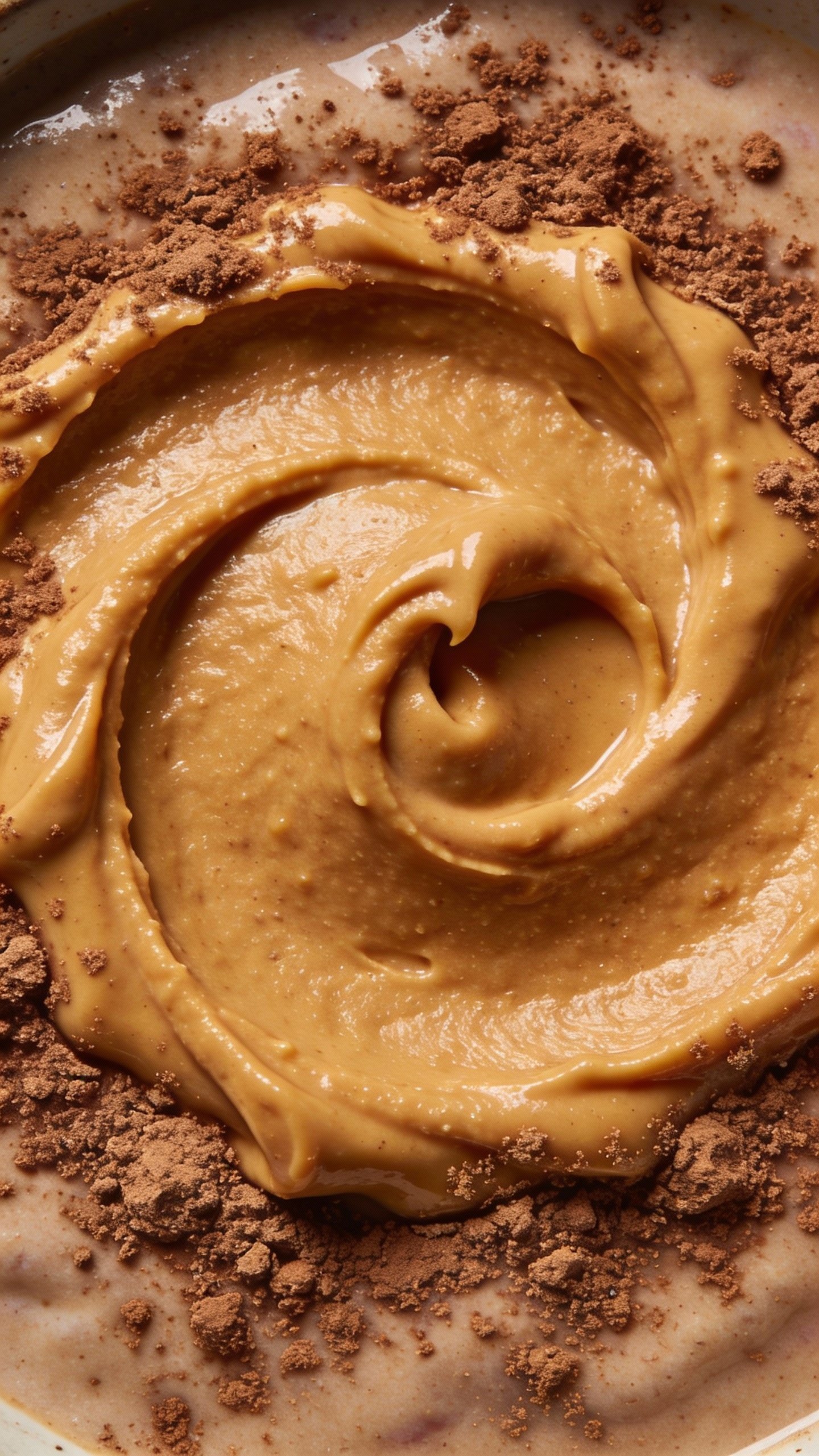 peanut butter swirl on smoothie surface, cocoa dust, overhead closeup