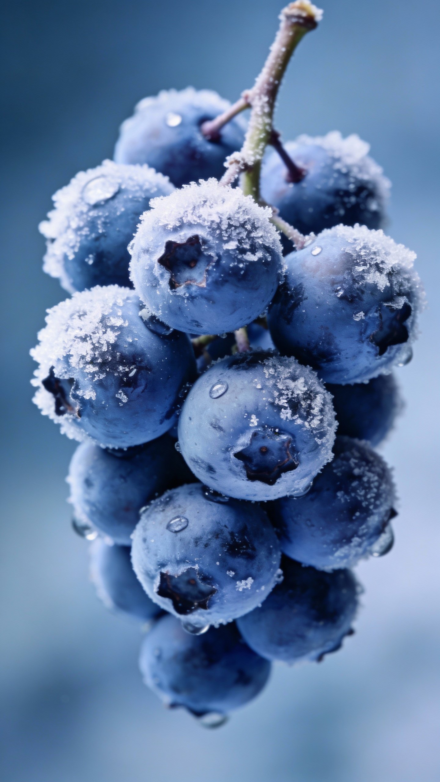 single frozen blueberry cluster with frost, macro studio shot