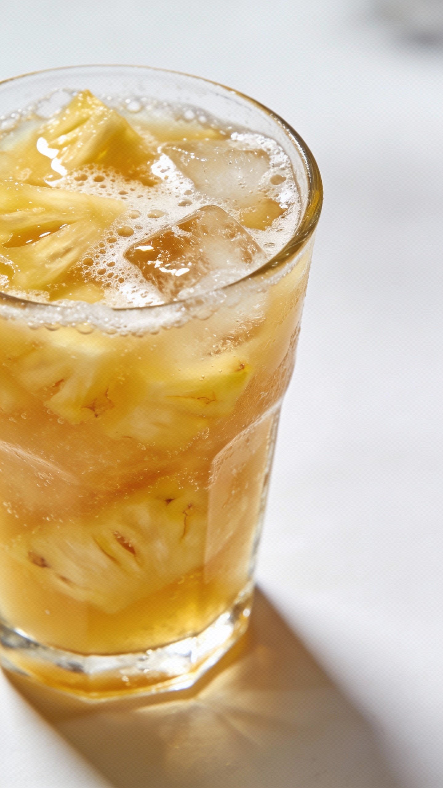 closeup of frosty pineapple smoothie in clear glass