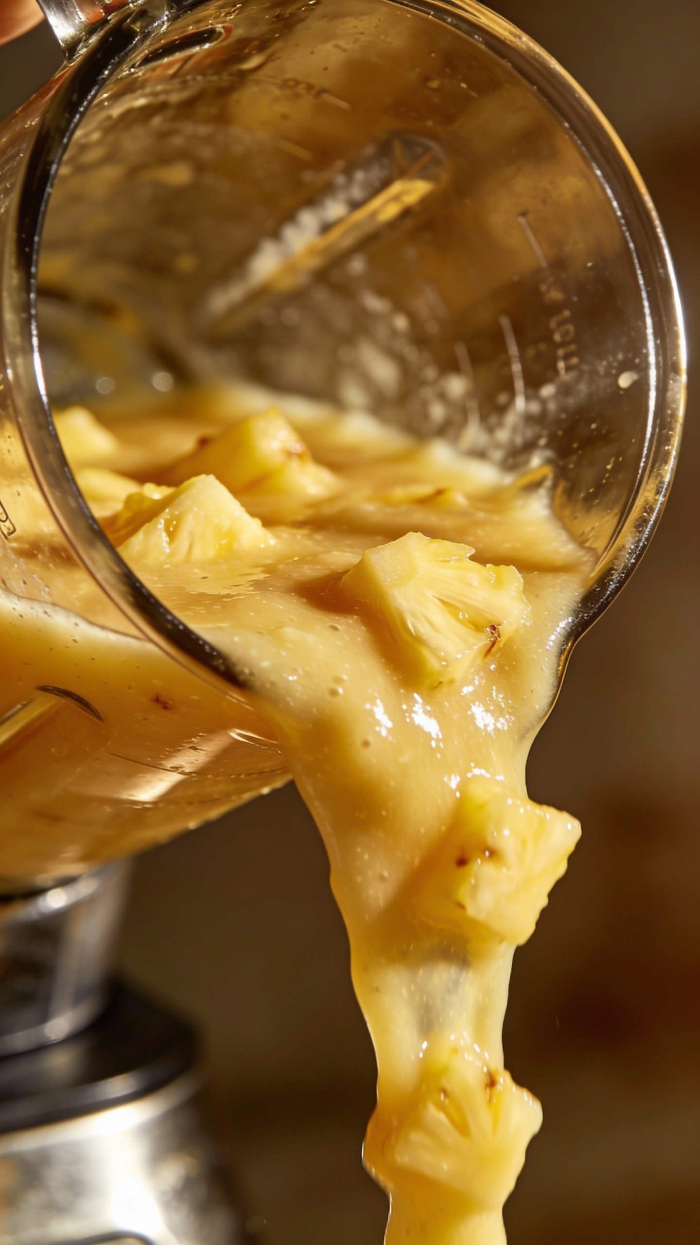 stainless blender jar pouring thick pineapple smoothie