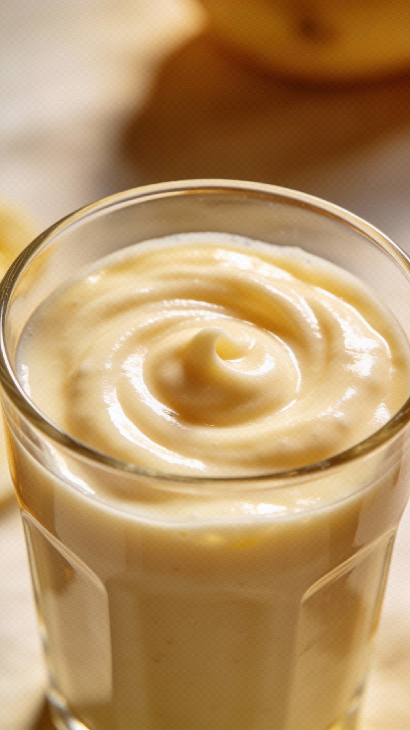 closeup vanilla protein smoothie in clear glass, thick creamy swirl