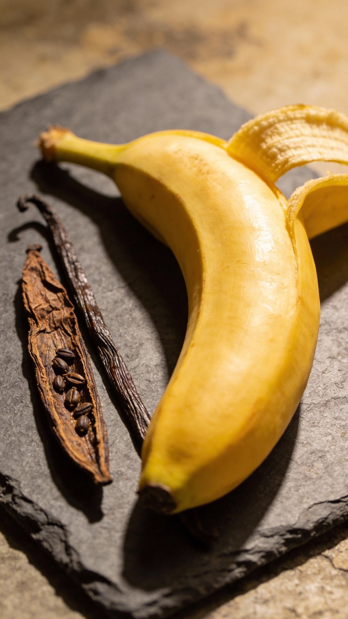 single ripe banana beside vanilla bean pod on slate backdrop