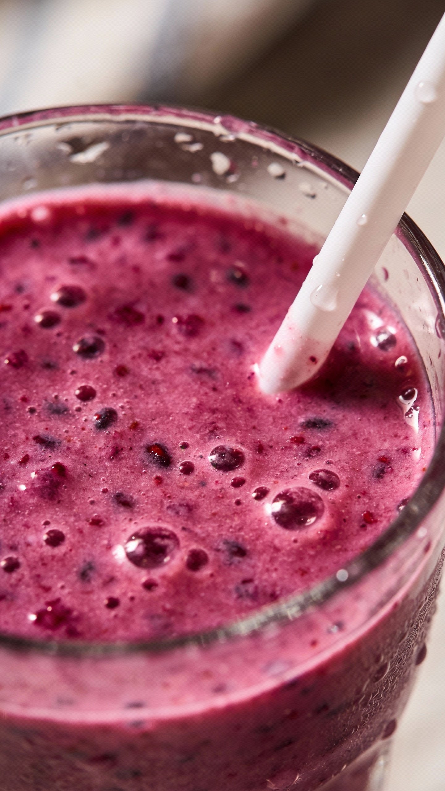 closeup Berry Blast smoothie in clear glass with condensation