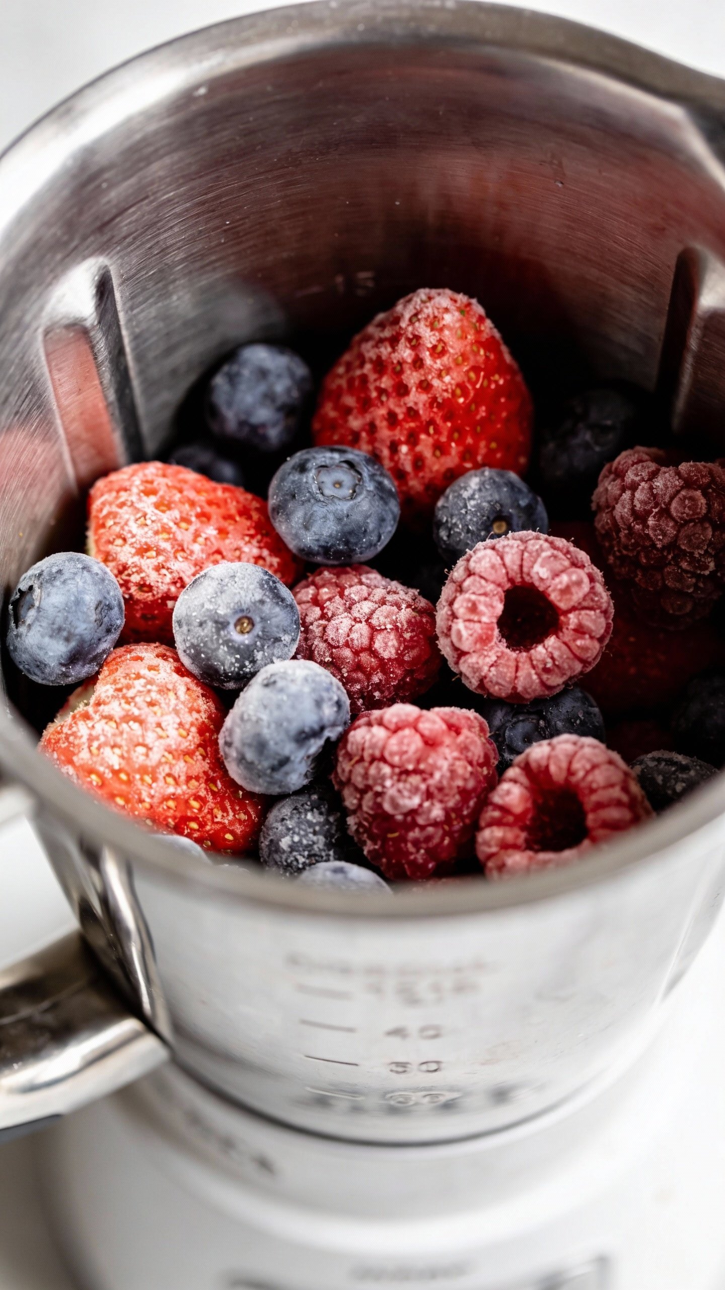 overhead shot of frozen mixed berries in stainless blender cup