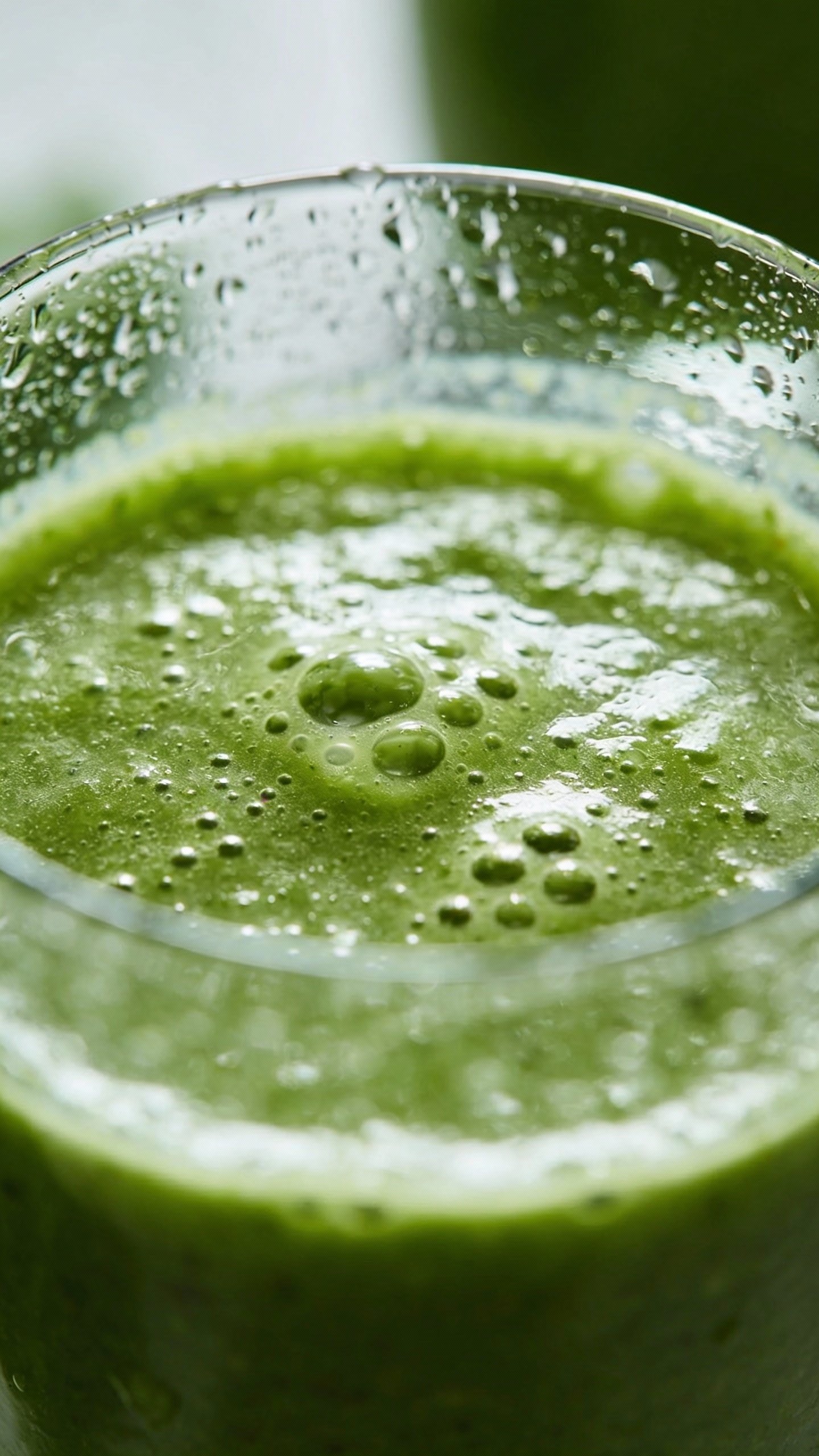 closeup of green smoothie in clear glass, condensation, natural light
