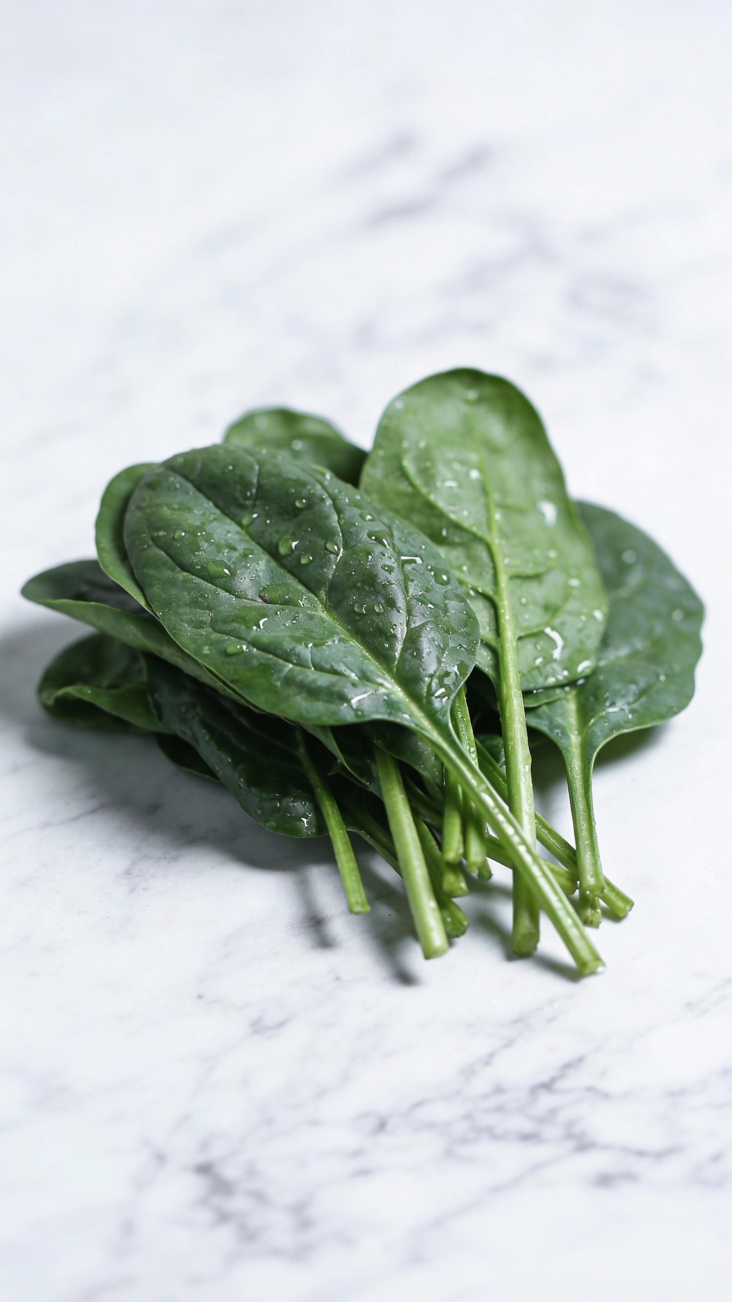 single handful of fresh spinach leaves on white marble