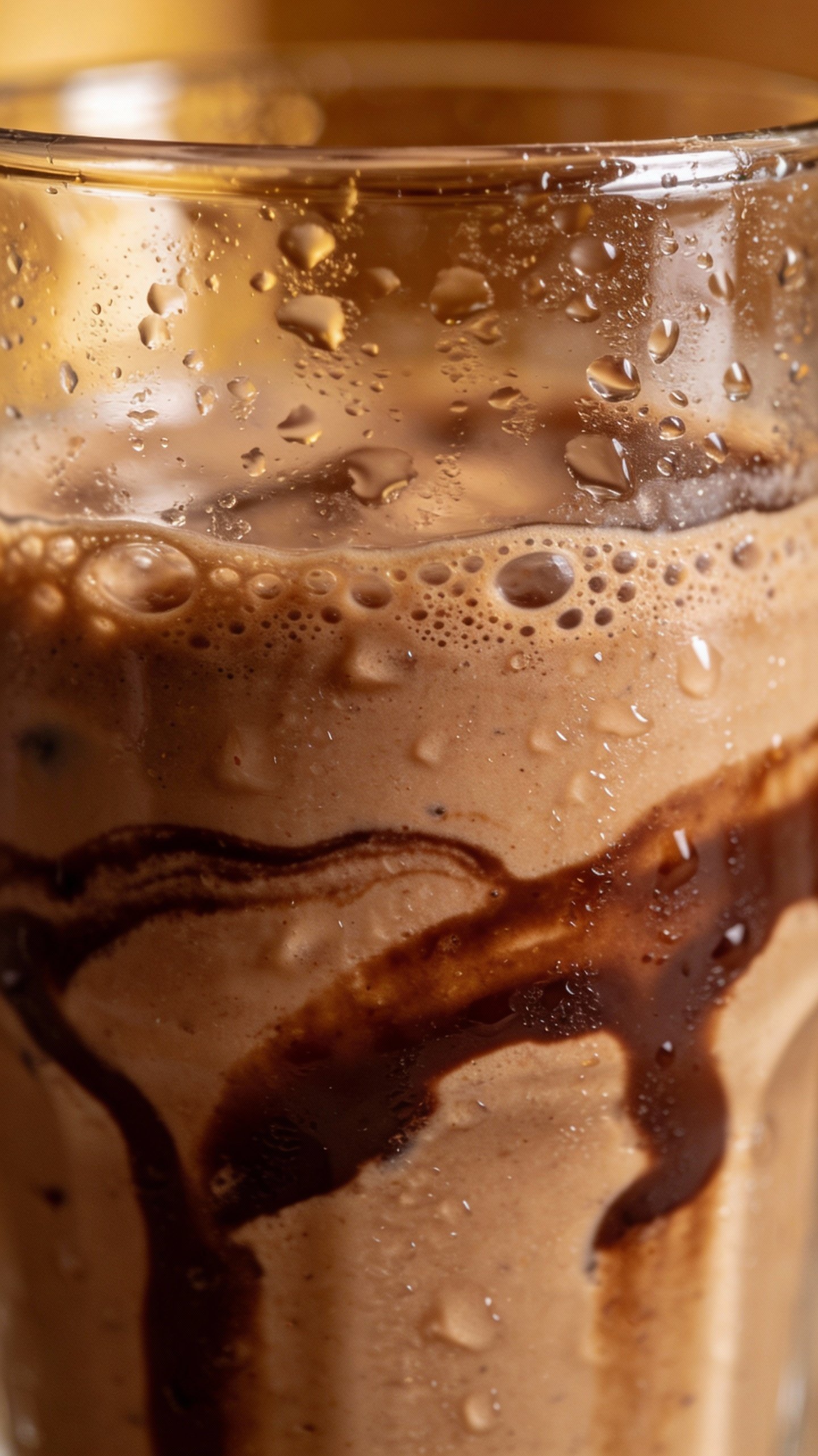 closeup mocha protein smoothie in clear glass, condensation droplets
