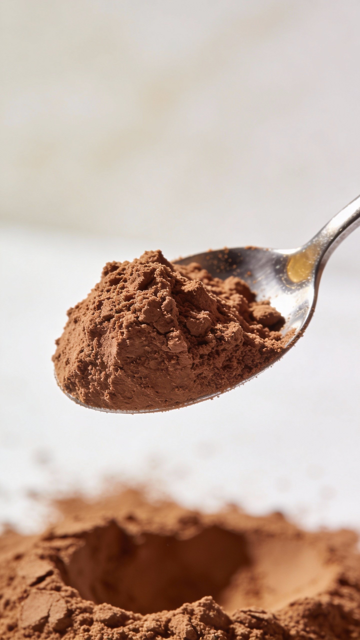 scoop of chocolate protein powder on stainless steel spoon, studio lighting