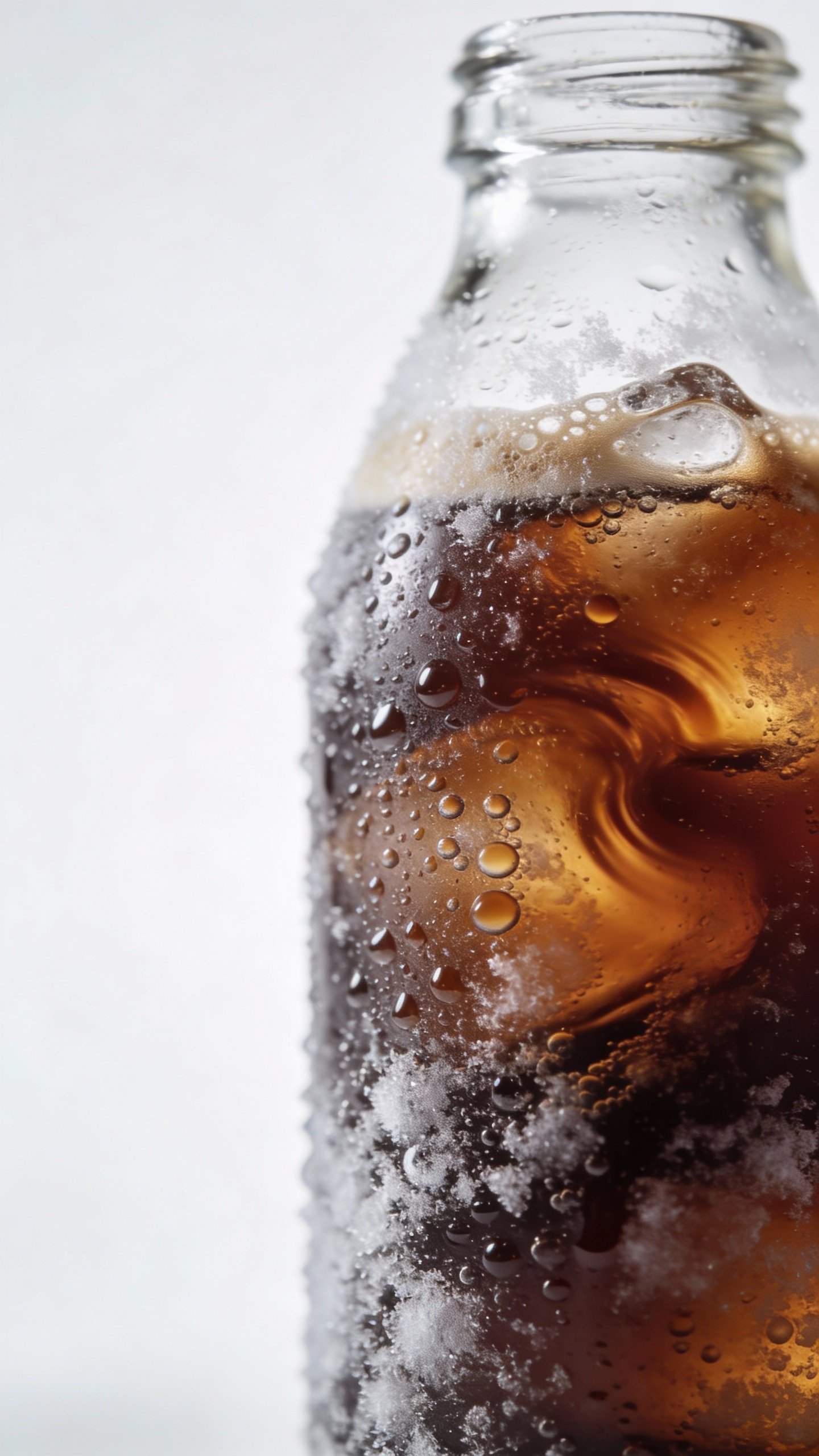 chilled brewed coffee in glass bottle with frosty beads, minimal backdrop