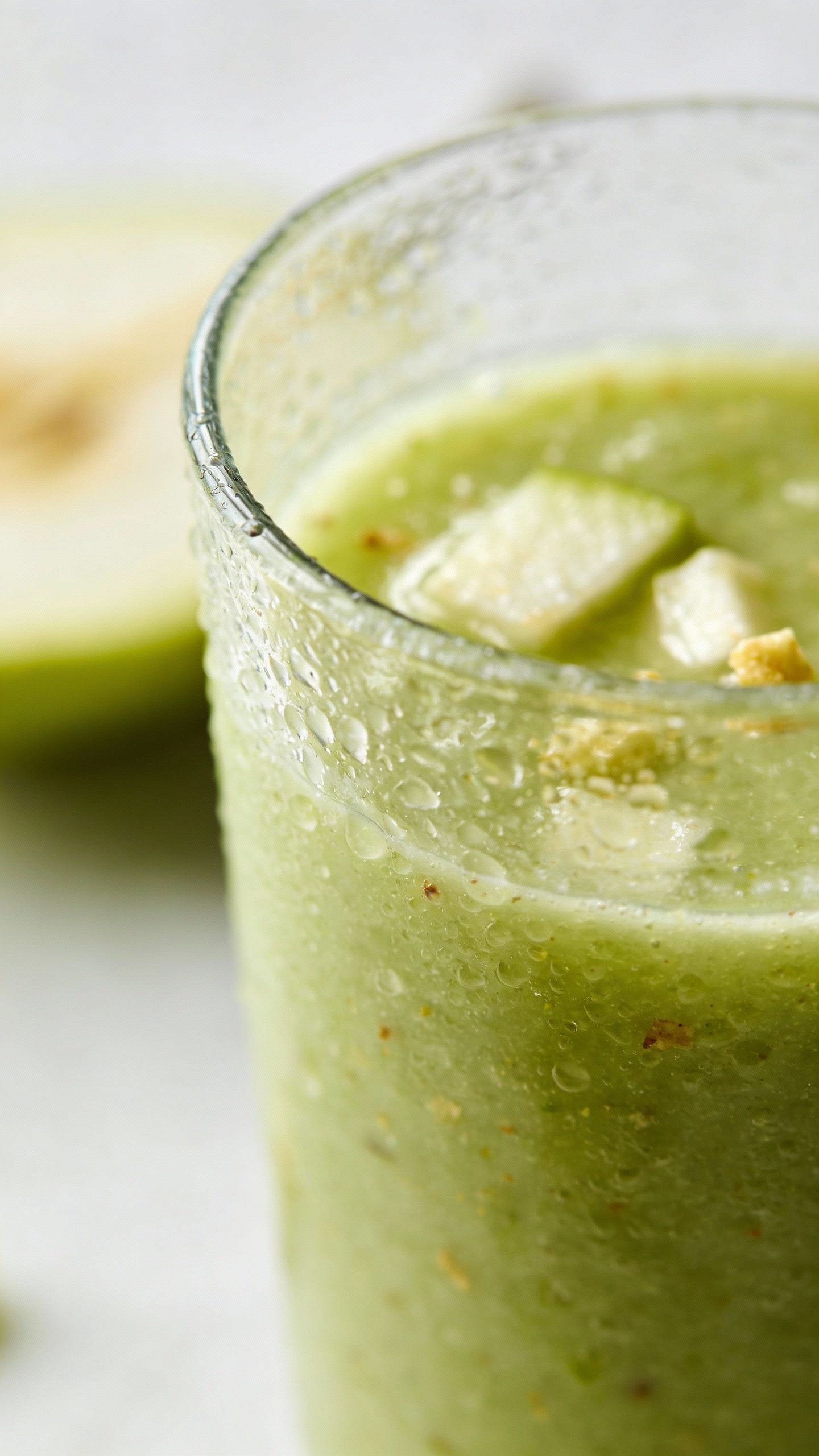 closeup pear ginger green smoothie in clear glass, condensation