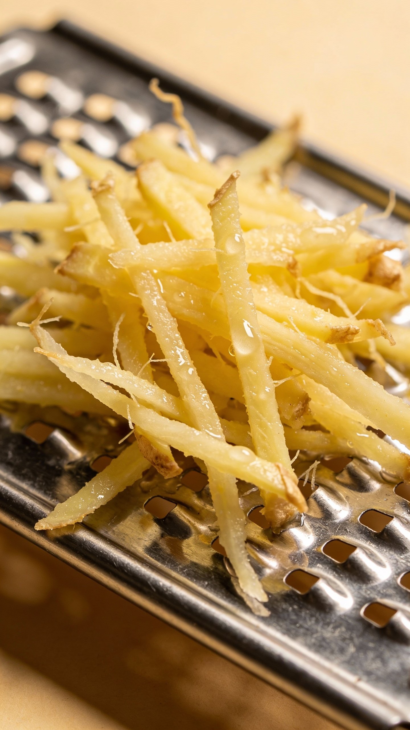 macro shot of freshly grated ginger on stainless steel grater
