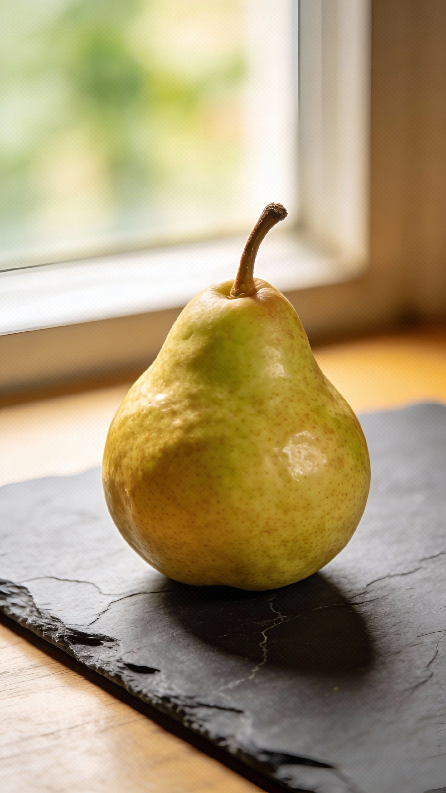 single ripe Bartlett pear on slate surface, soft window light