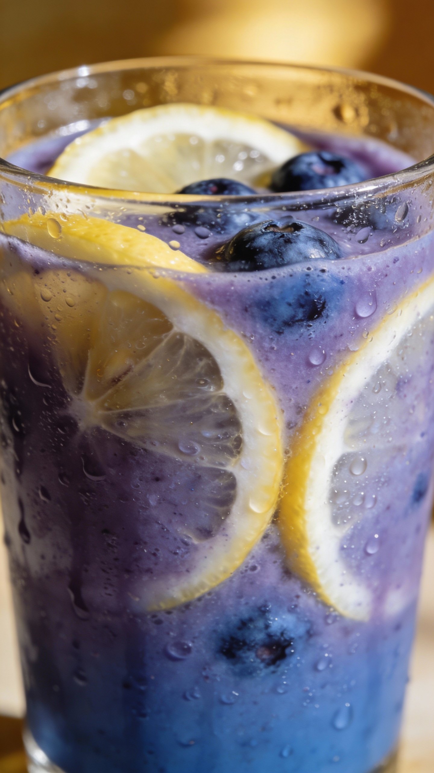 closeup lemon blueberry smoothie in clear glass, condensation