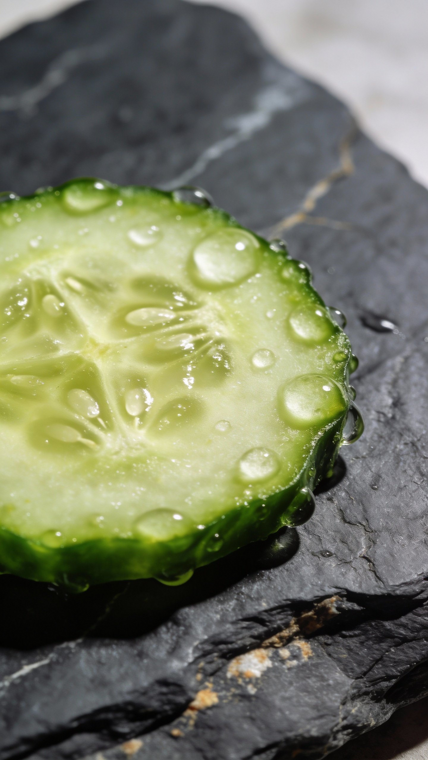 closeup cucumber slice with water droplets on slate surface