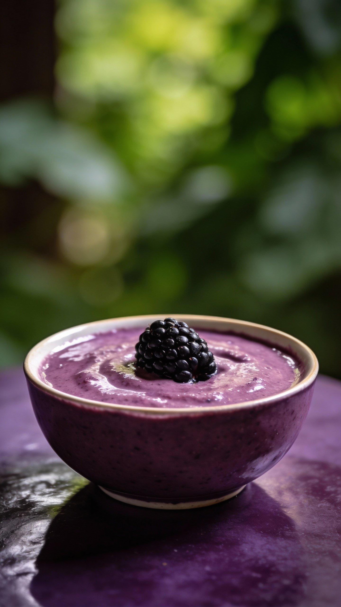 single blackberry-topped smoothie bowl, glossy deep purple surface