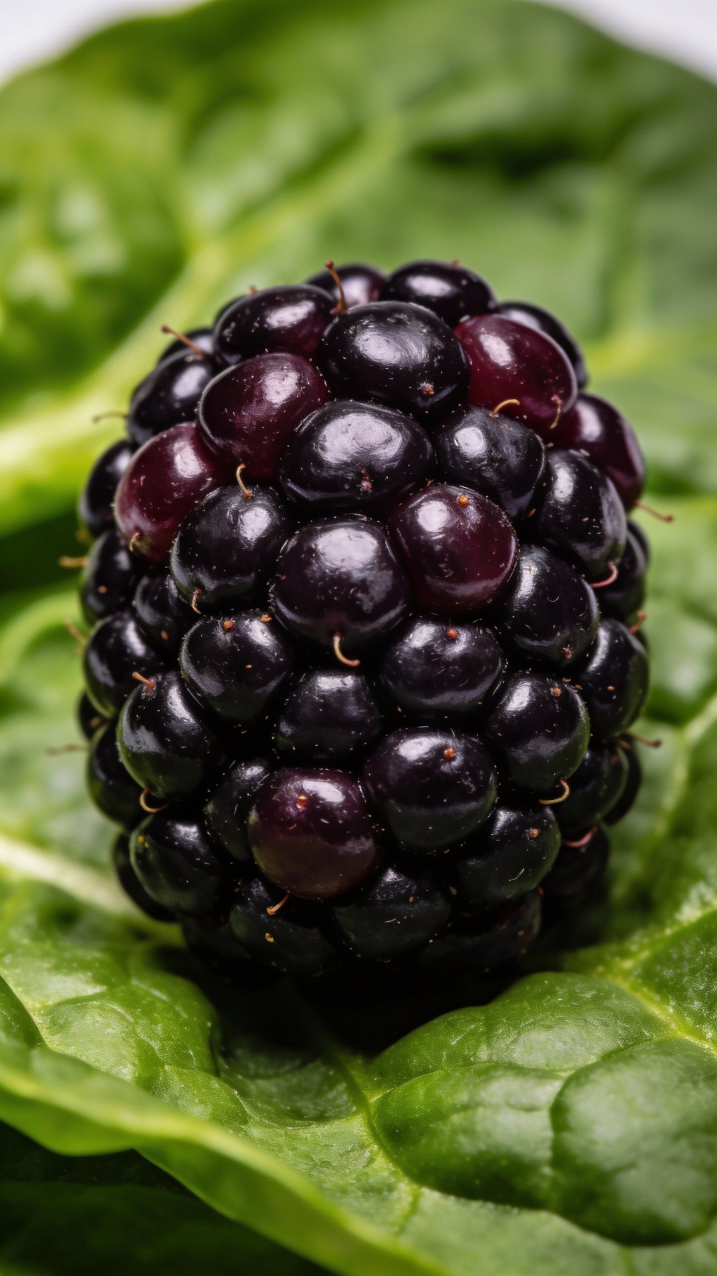macro shot of fresh blackberry with spinach leaf backdrop, studio lighting
