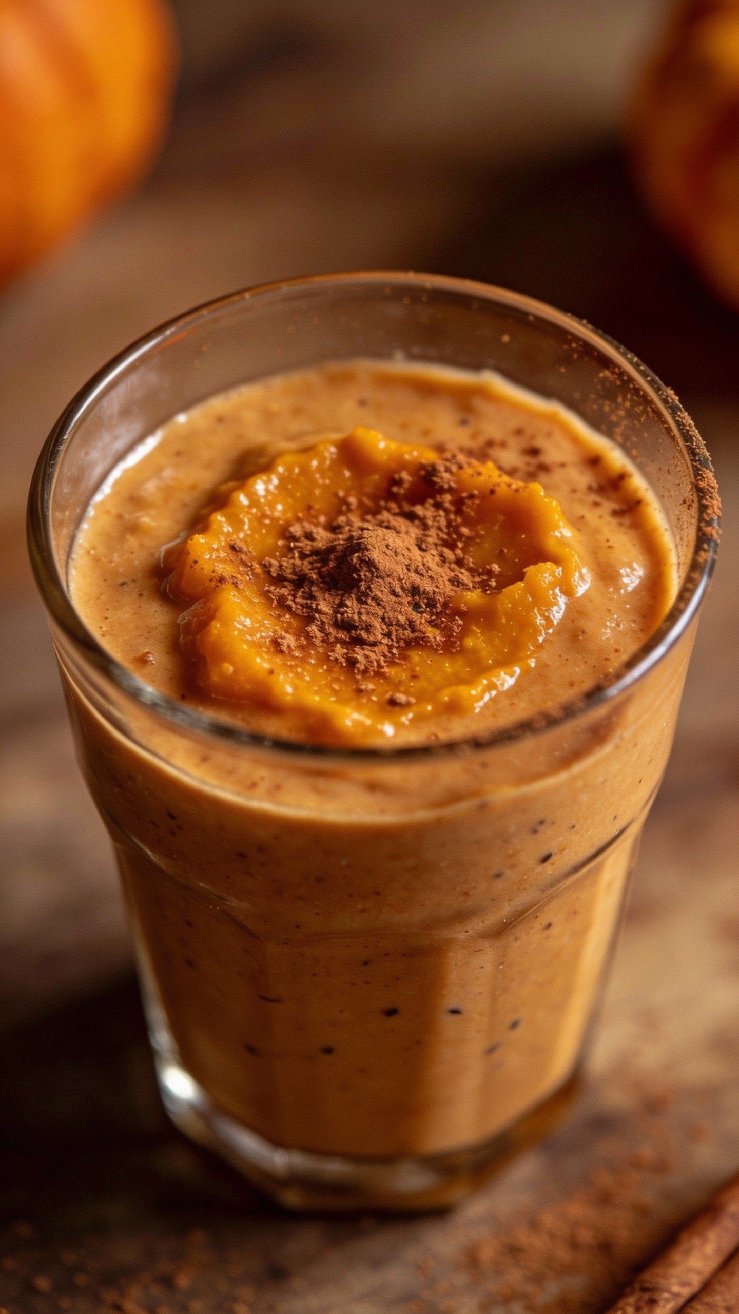 closeup pumpkin spice smoothie in clear glass, cinnamon dusted