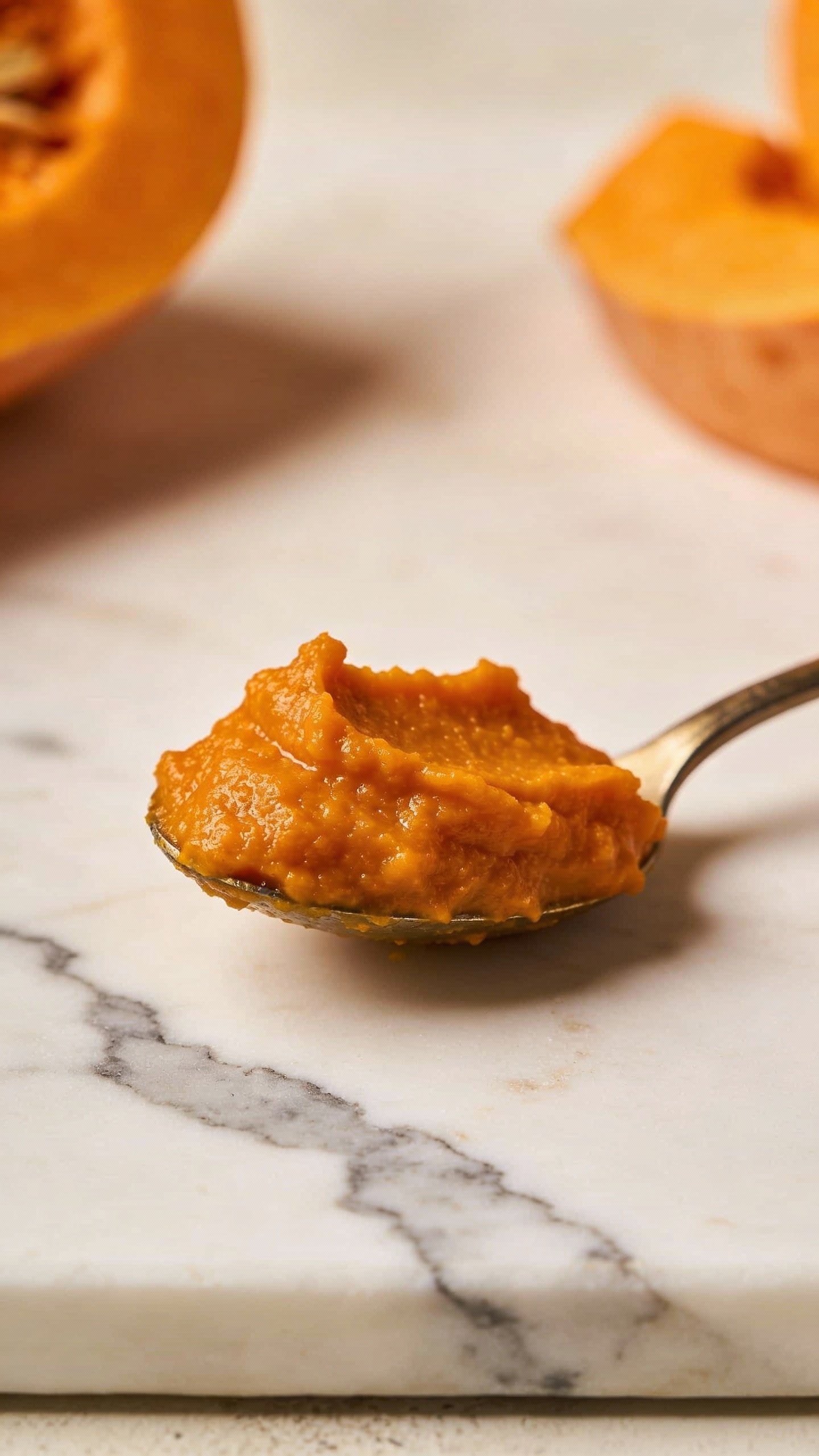 single spoonful of pumpkin puree, textured, on white marble