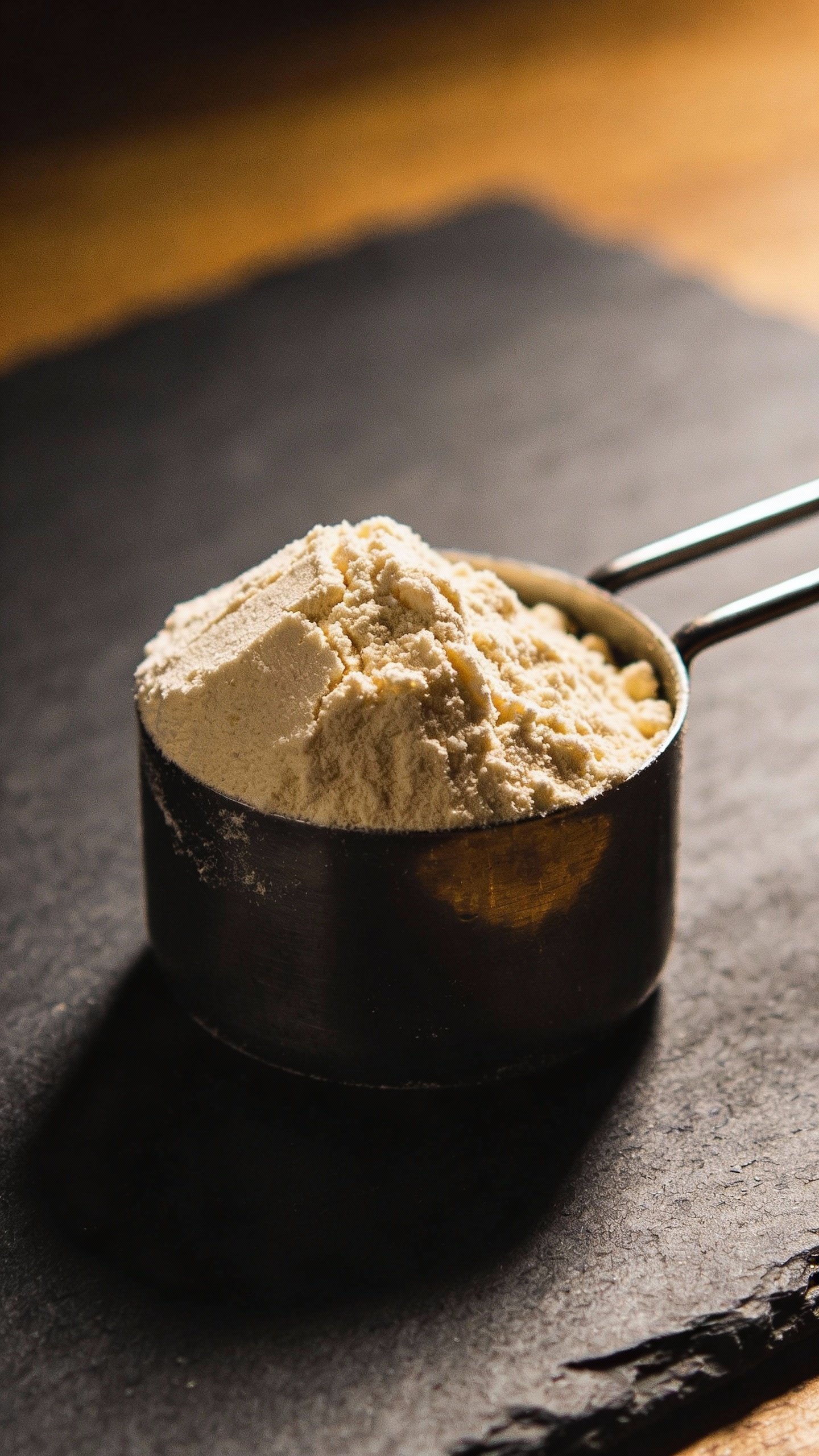 vanilla protein powder scoop on slate surface, dramatic light