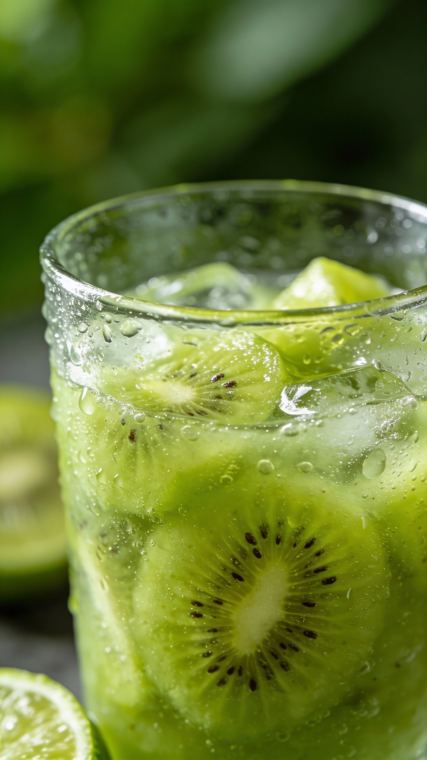 closeup kiwi lime smoothie in clear glass, condensation droplets