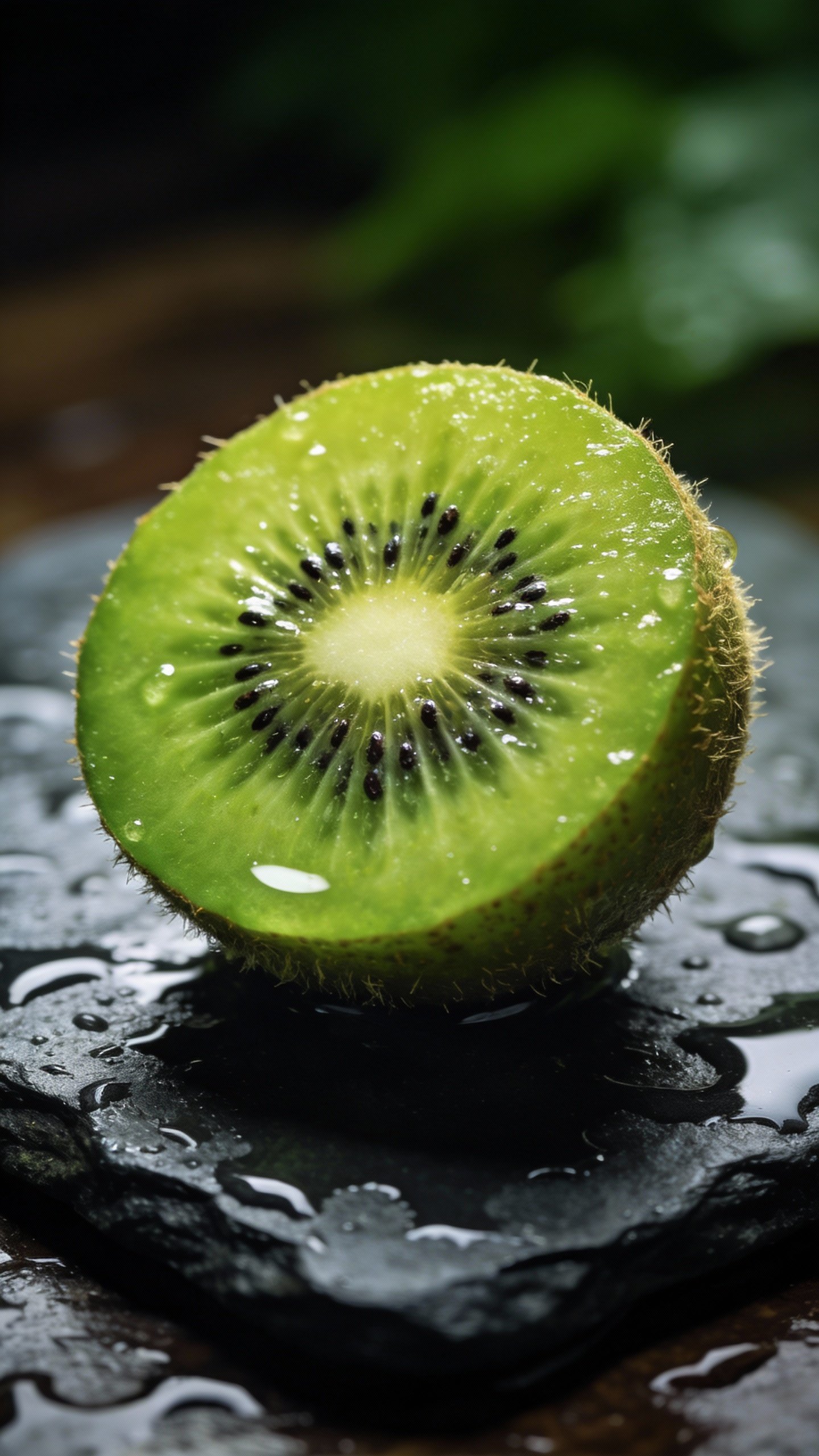 single halved kiwi on wet slate, visible seeds and sheen