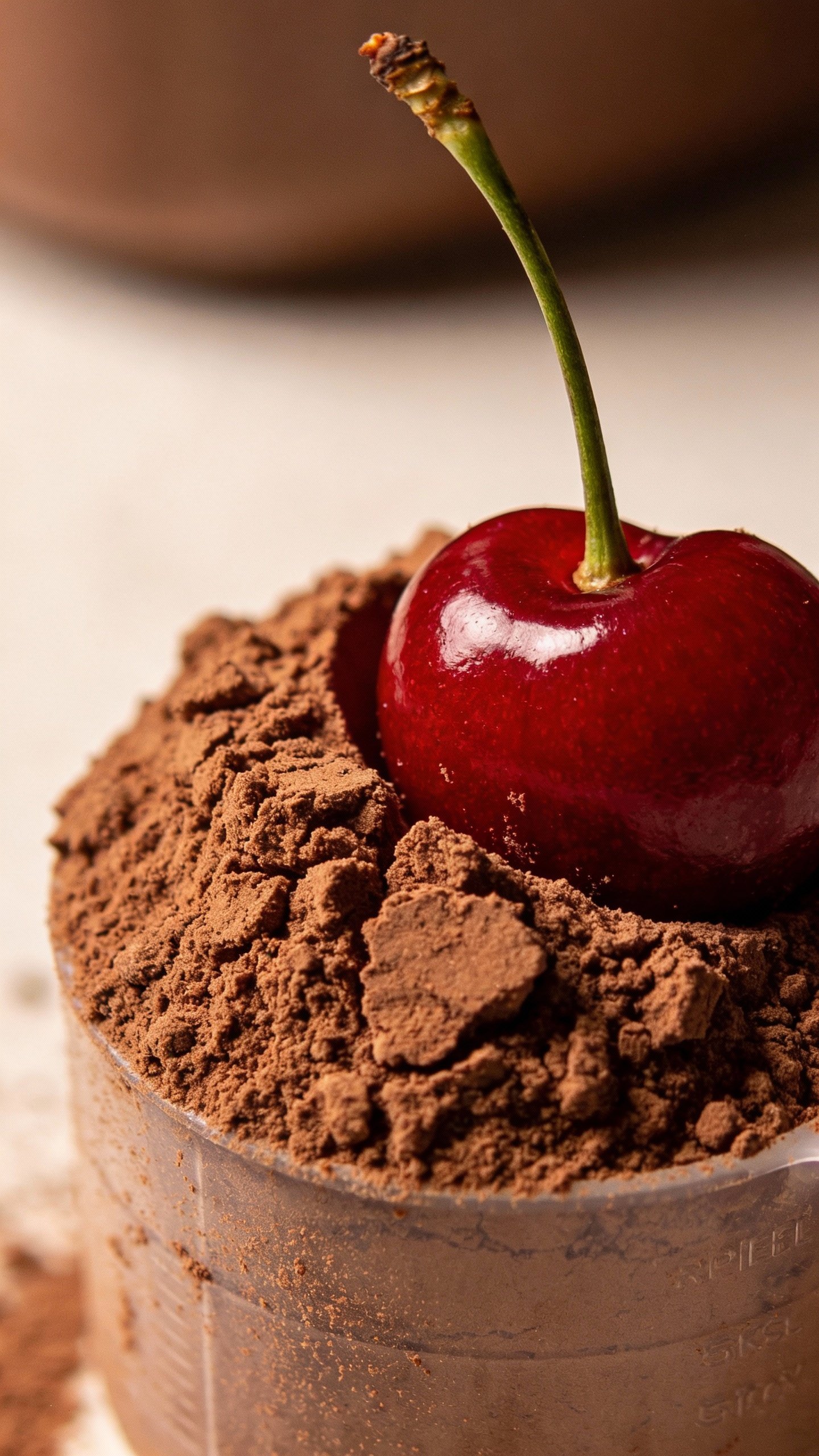 scoop of chocolate protein powder with cherry garnish, macro