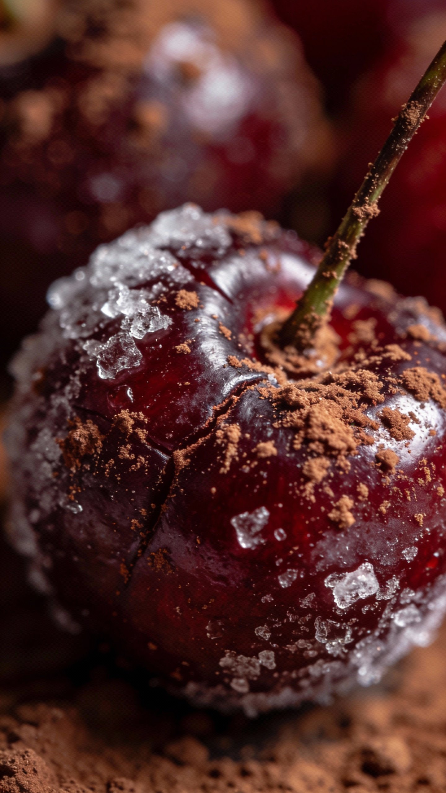 single frozen dark cherry with cocoa dusting, extreme closeup