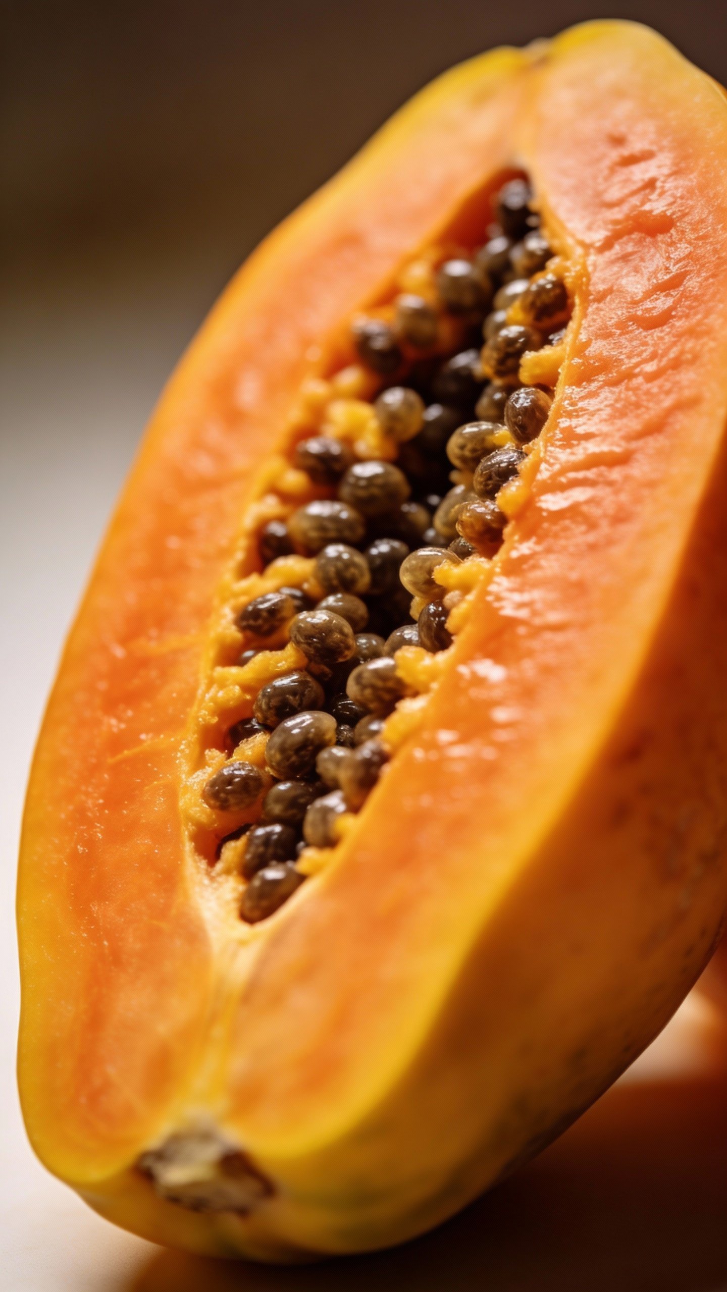 fresh papaya half with seeds, studio macro lighting
