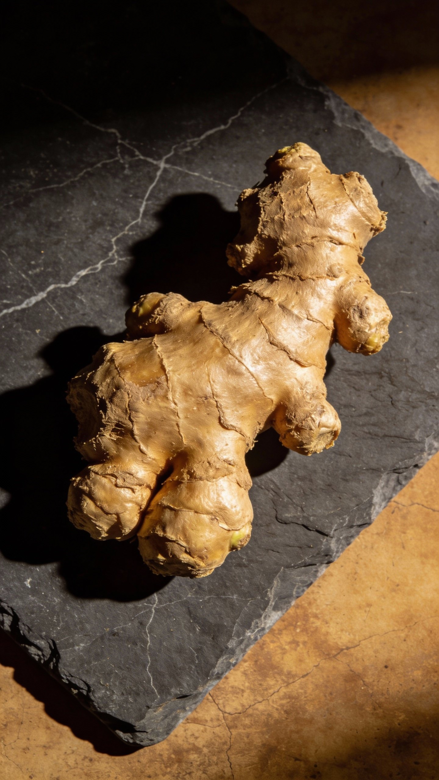 single knobby ginger root on slate background, dramatic side light