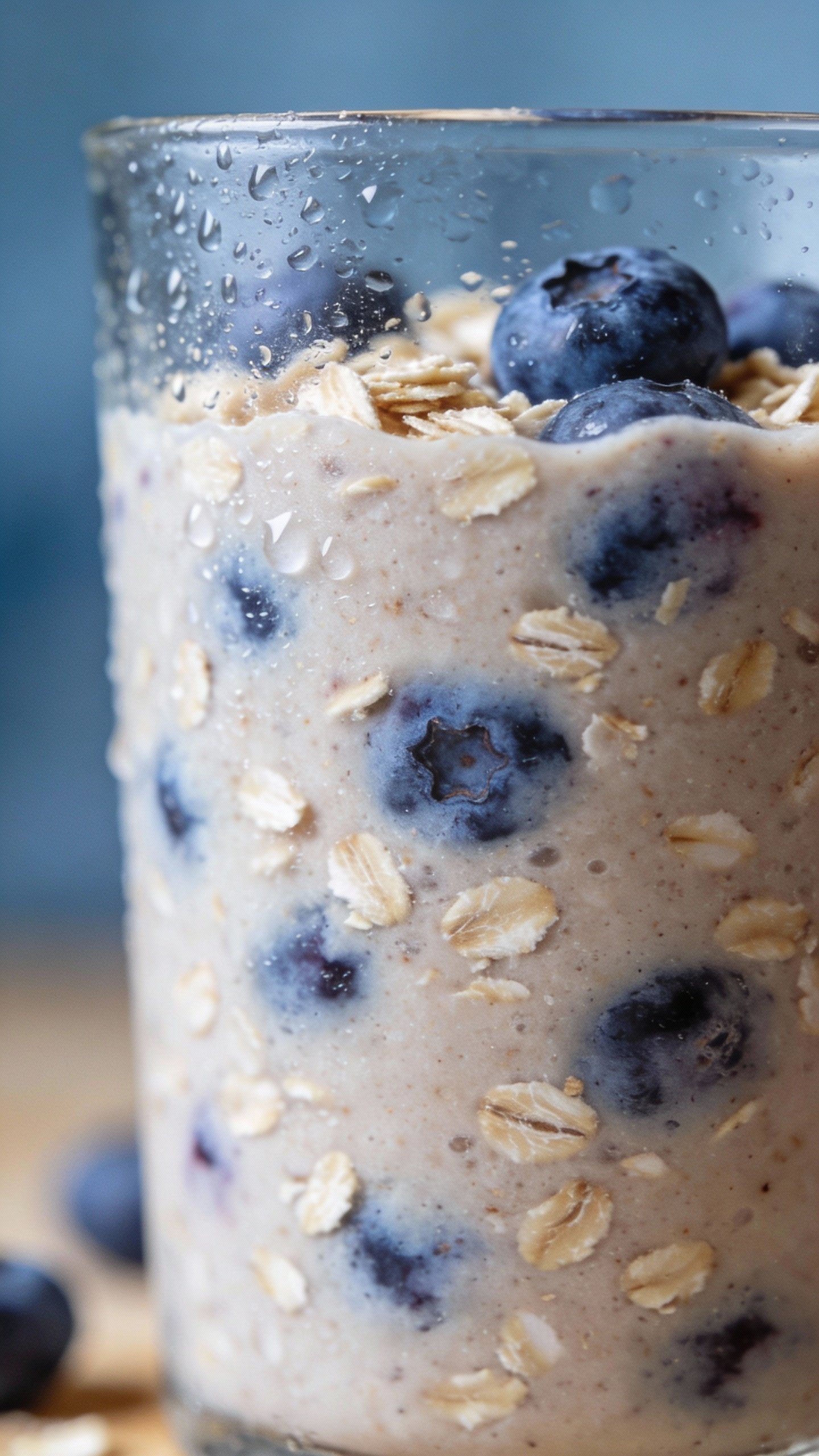 closeup blueberry oat smoothie in clear glass, condensation visible
