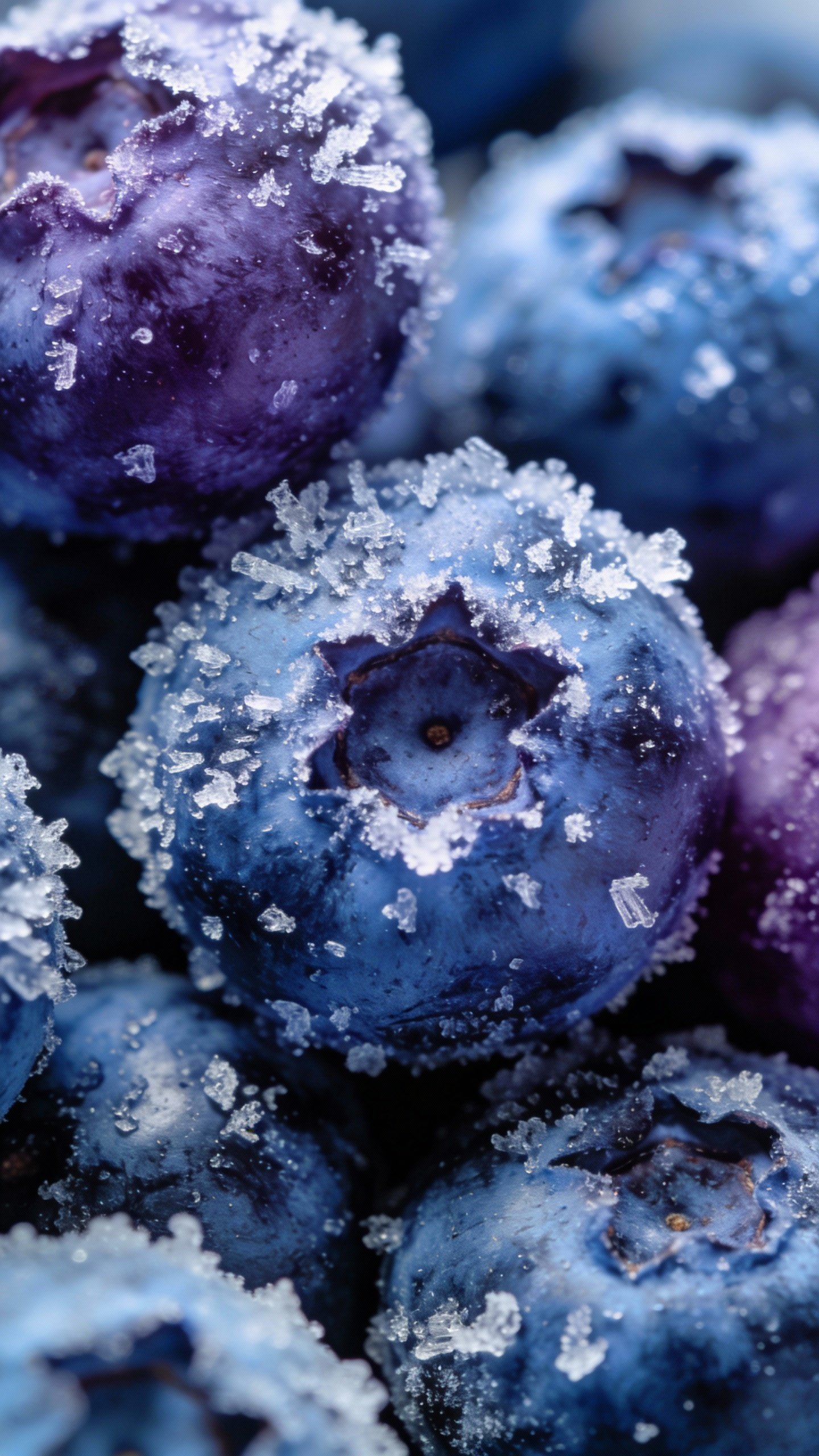 frozen blueberries coated in frost, extreme closeup on anthocyanin hue