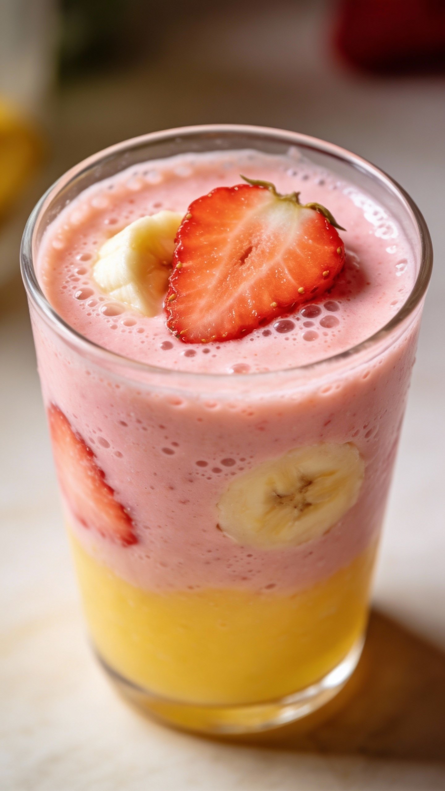 closeup strawberry banana smoothie in clear glass, soft natural light