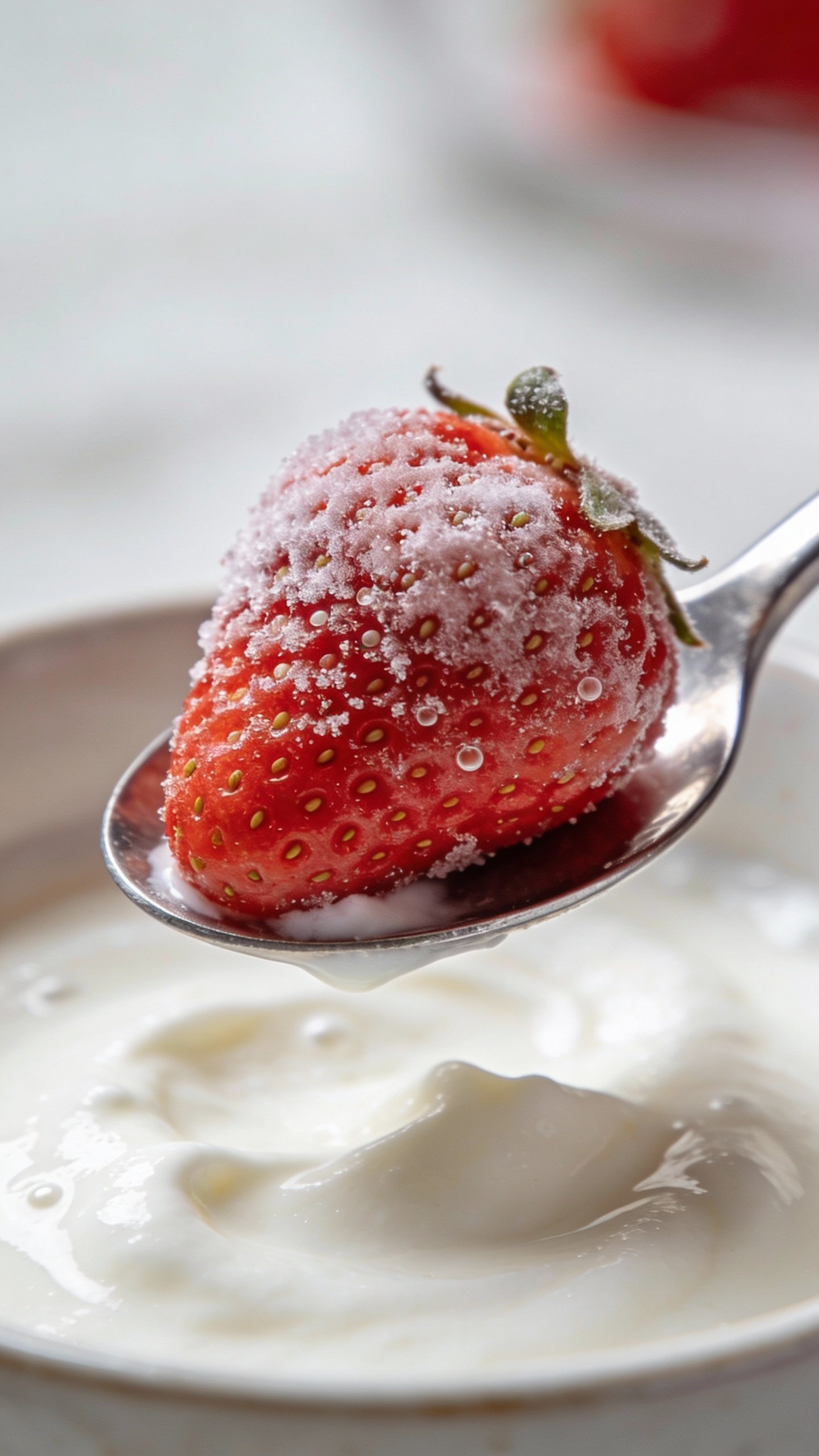 frozen strawberry on spoon above yogurt, macro detail