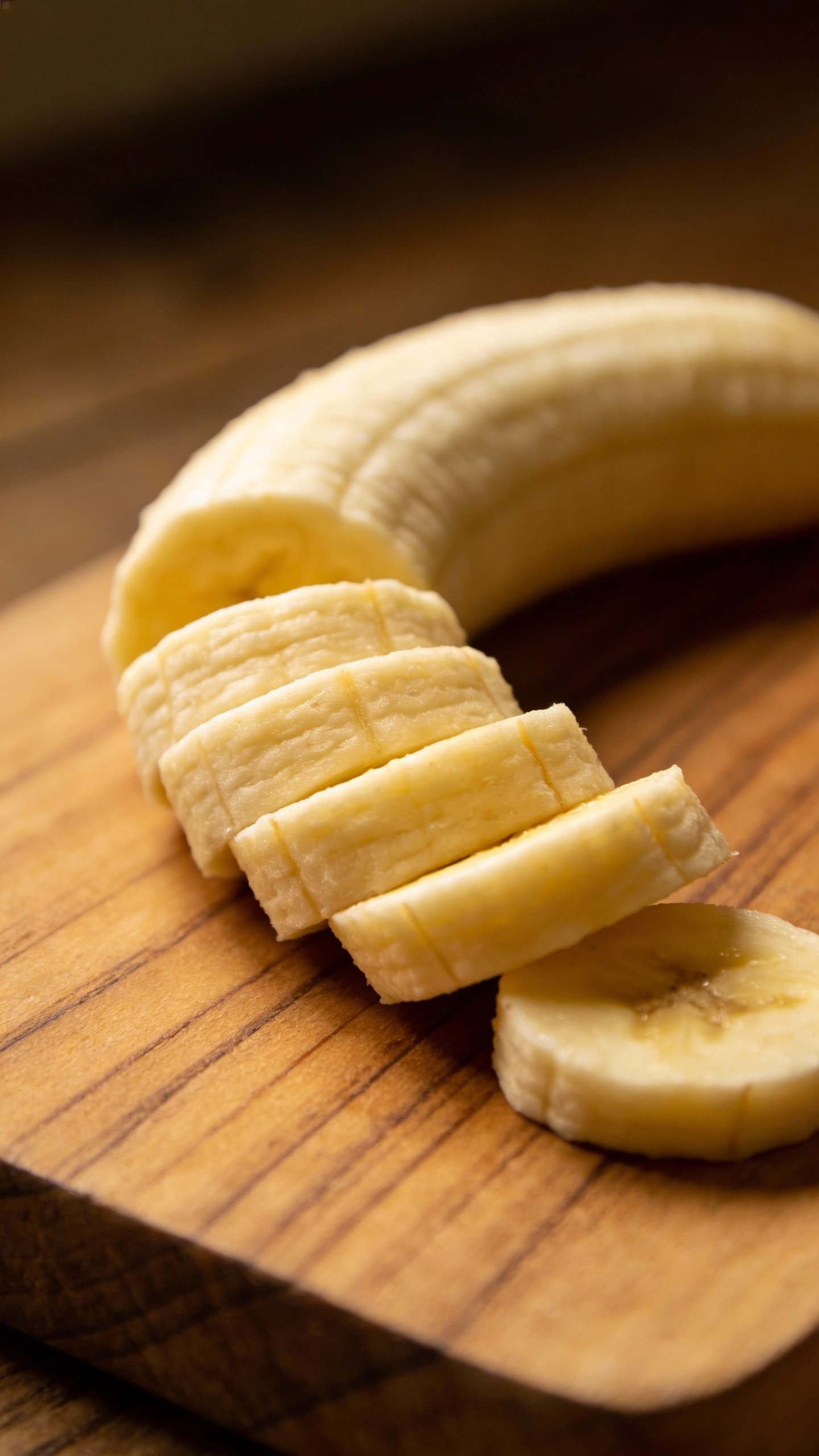 ripe banana sliced on wooden board, shallow depth of field