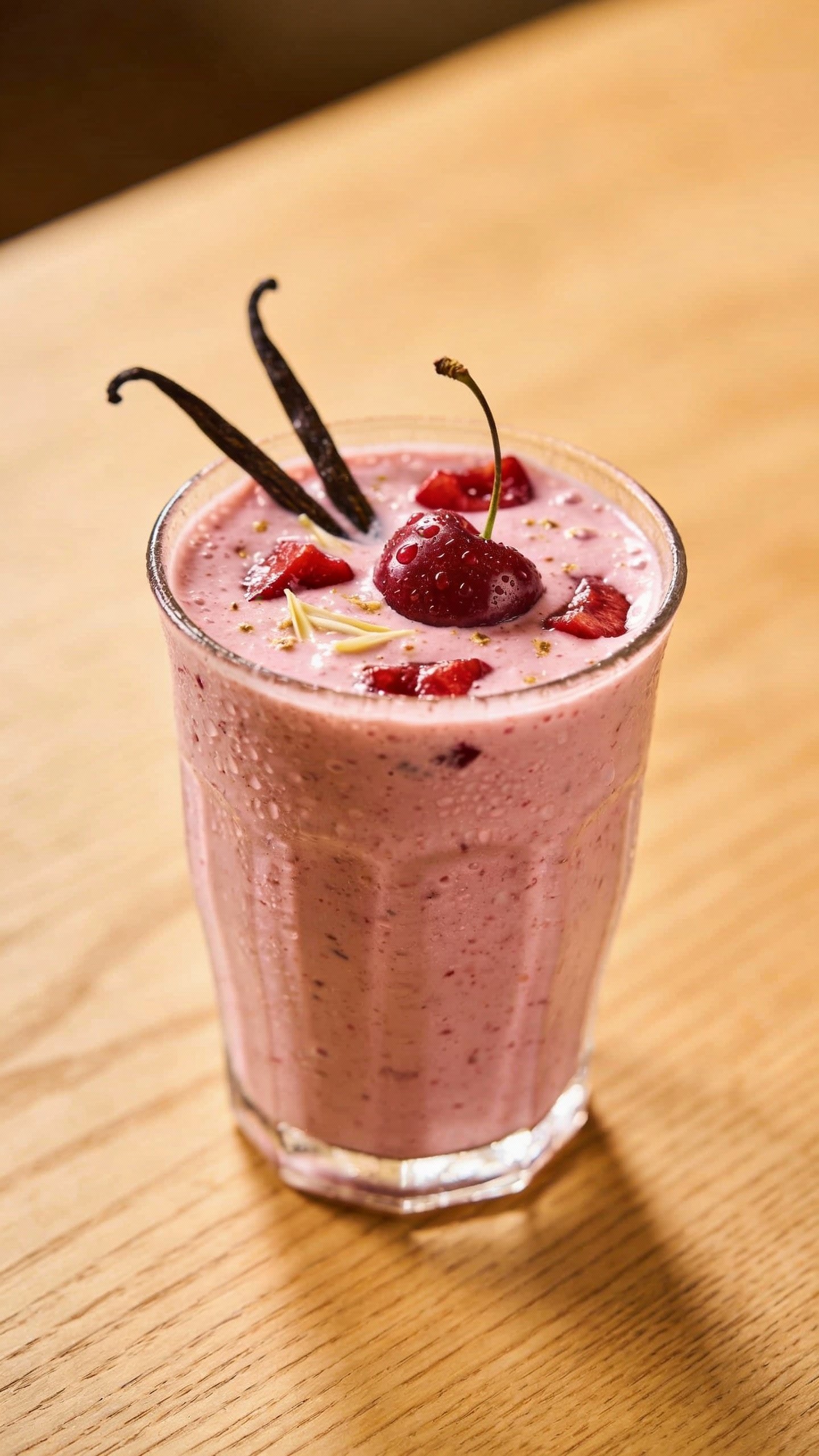 closeup cherry vanilla recovery smoothie in clear glass