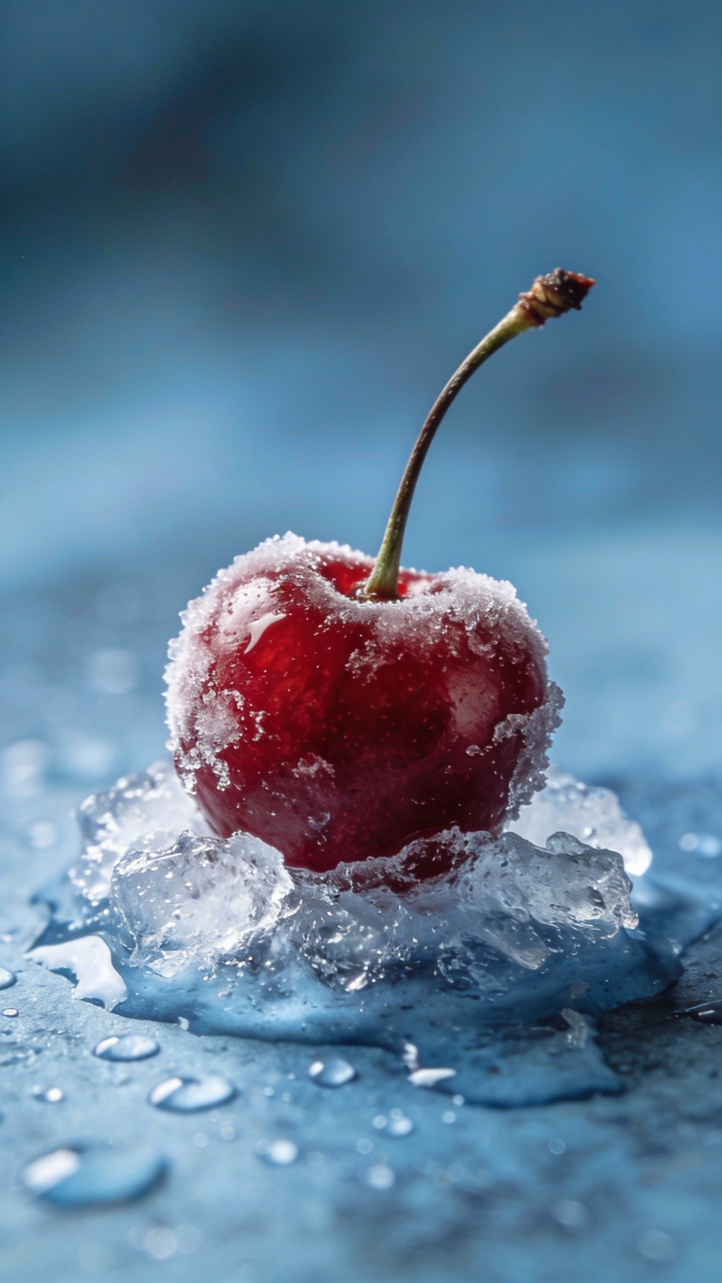 single frozen tart cherry on melting ice, macro