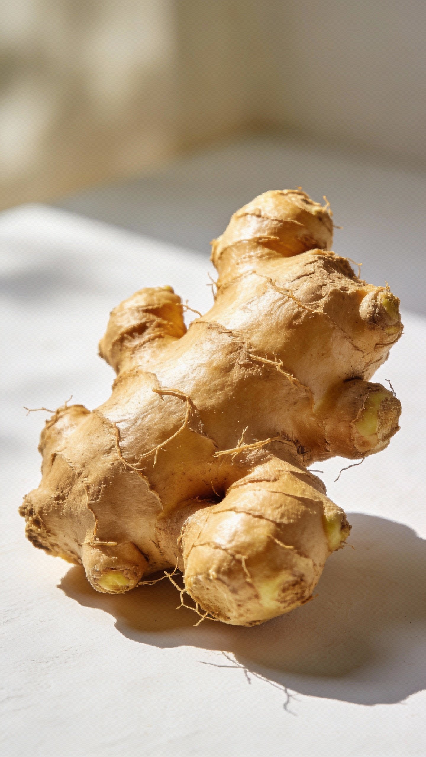 single knob of fresh ginger on matte white surface