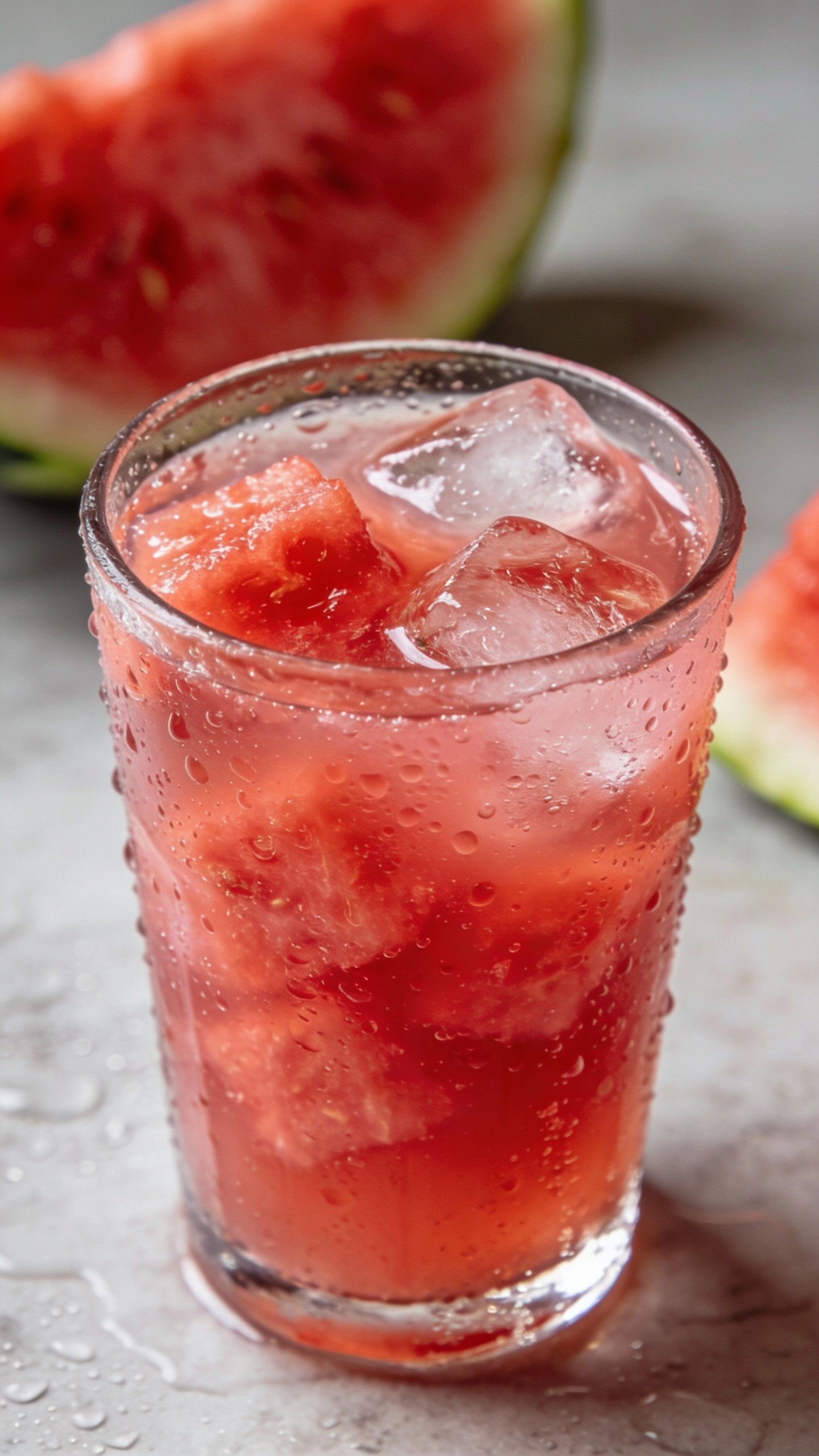 closeup of watermelon hydration smoothie in clear glass, condensation
