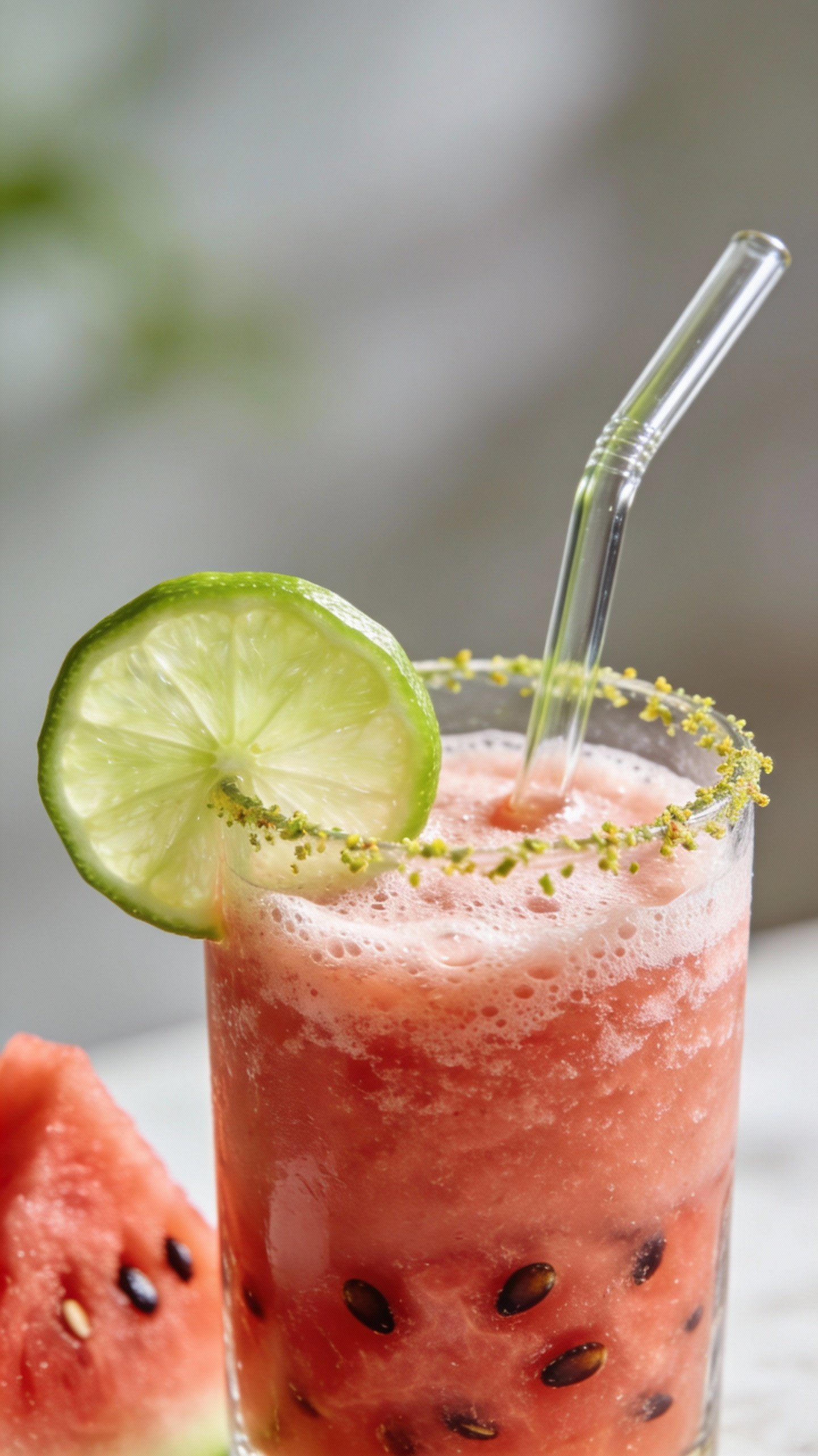 closeup of lime-garnished watermelon smoothie with reusable glass straw