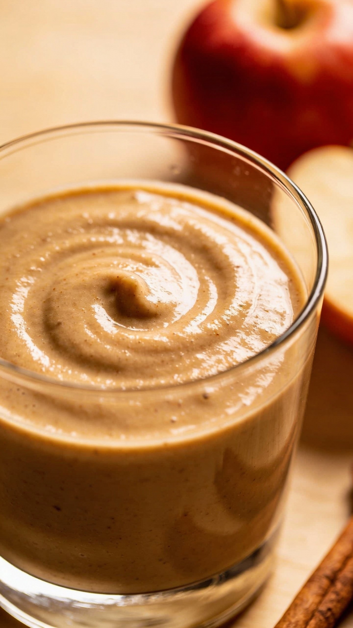 closeup apple cinnamon smoothie in clear glass, creamy swirl