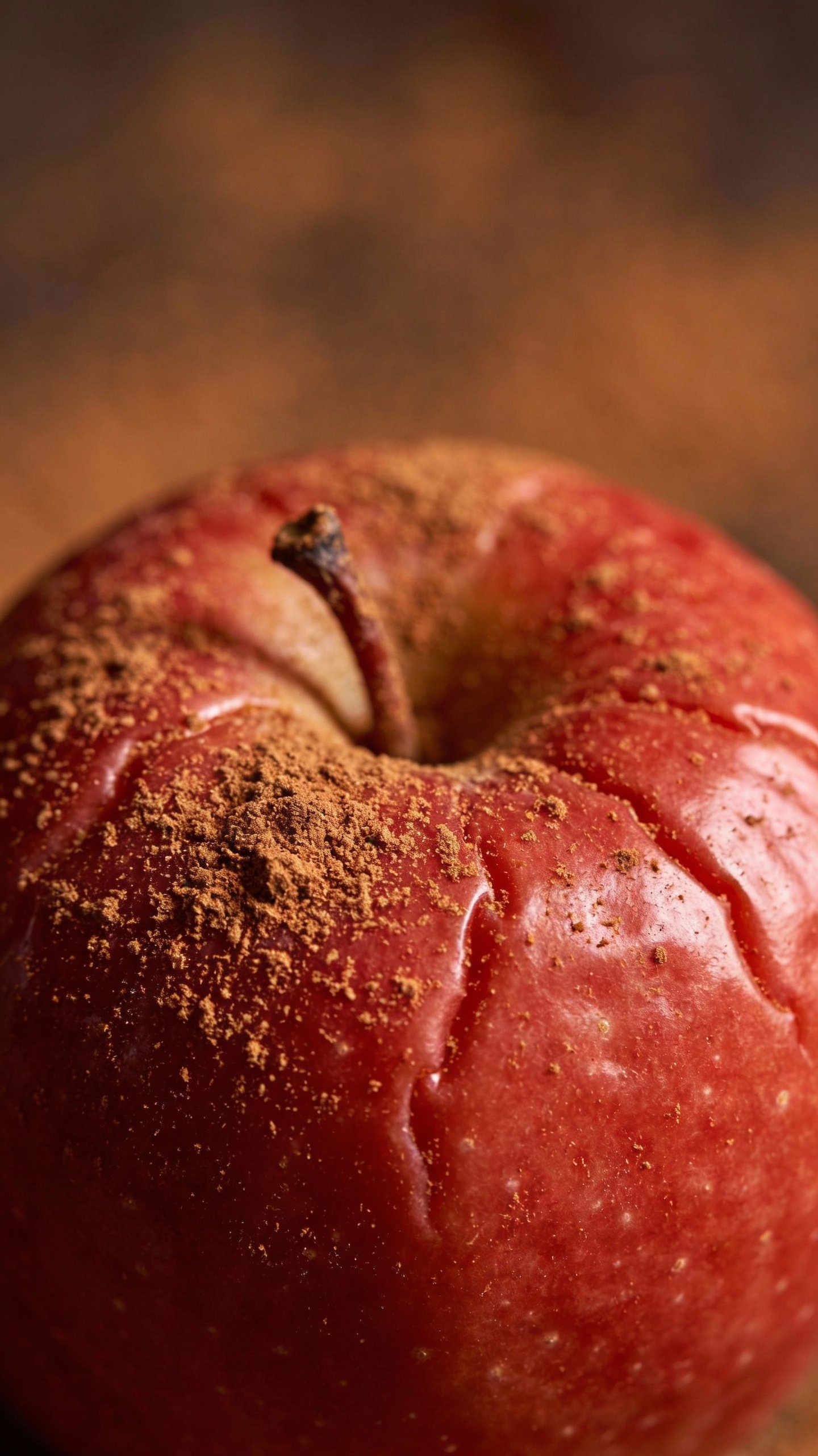 single red apple dusted with cinnamon, macro shot