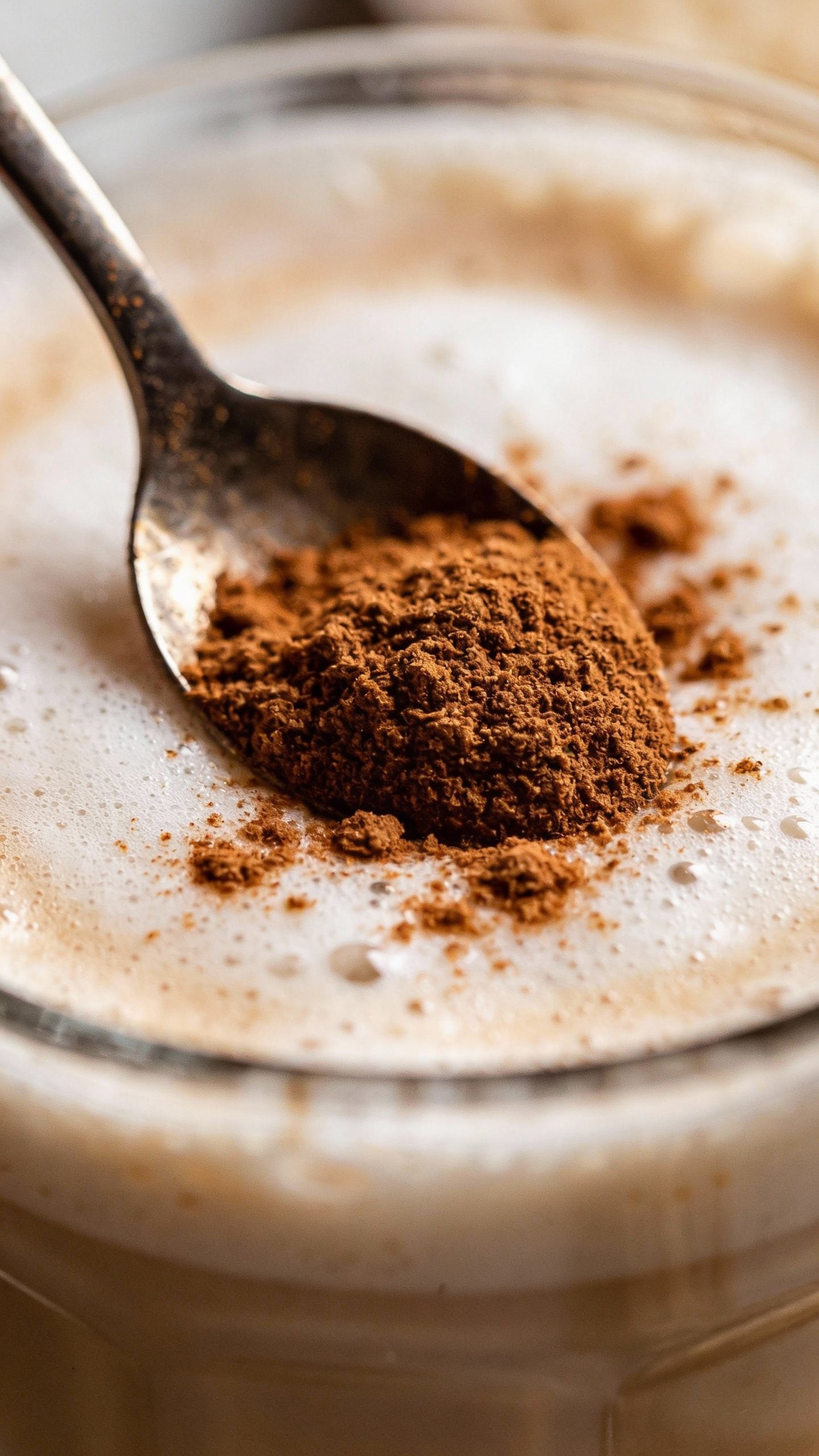 spoonful of ground cinnamon over oat-milk foam, closeup