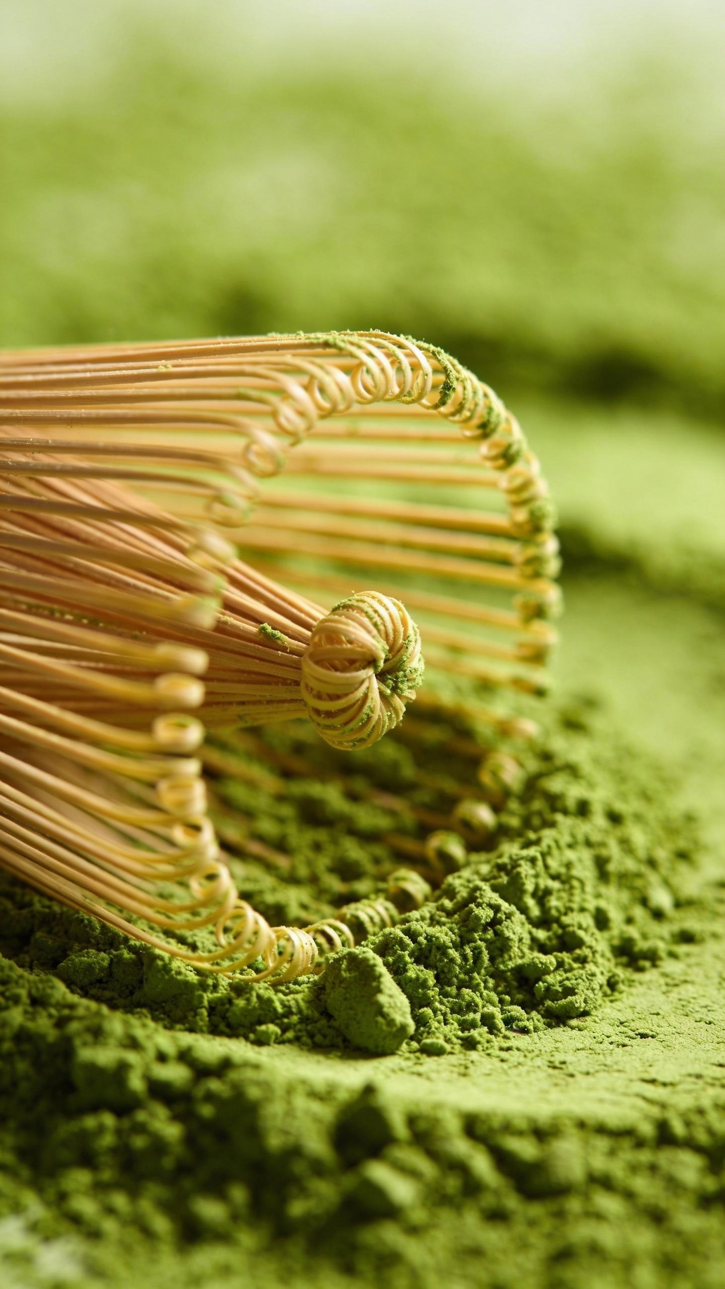 bamboo matcha whisk with vibrant green powder, macro detail