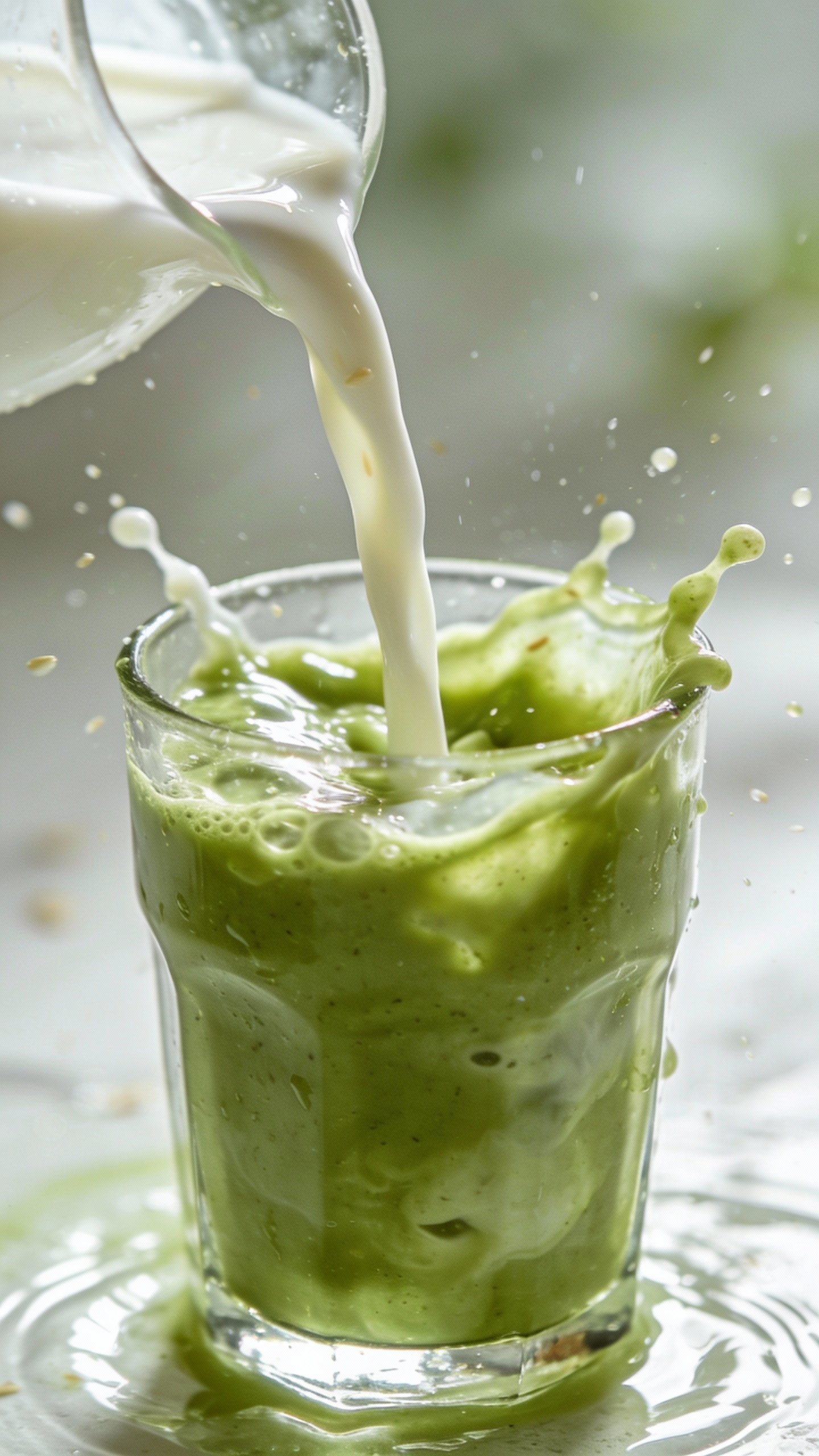 pouring oat milk into matcha smoothie glass, closeup splash