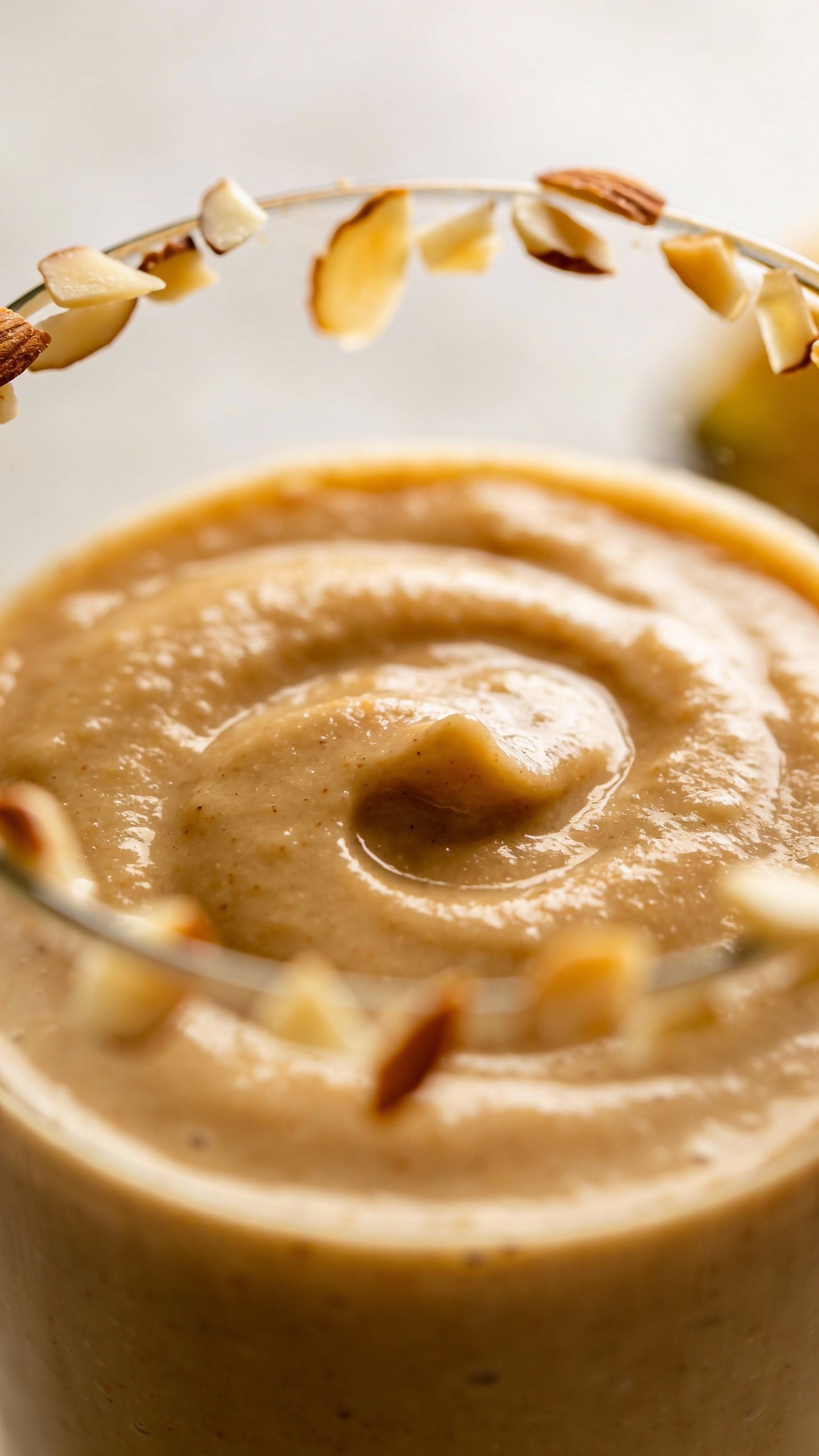 closeup smoothie glass of banana almond butter blend